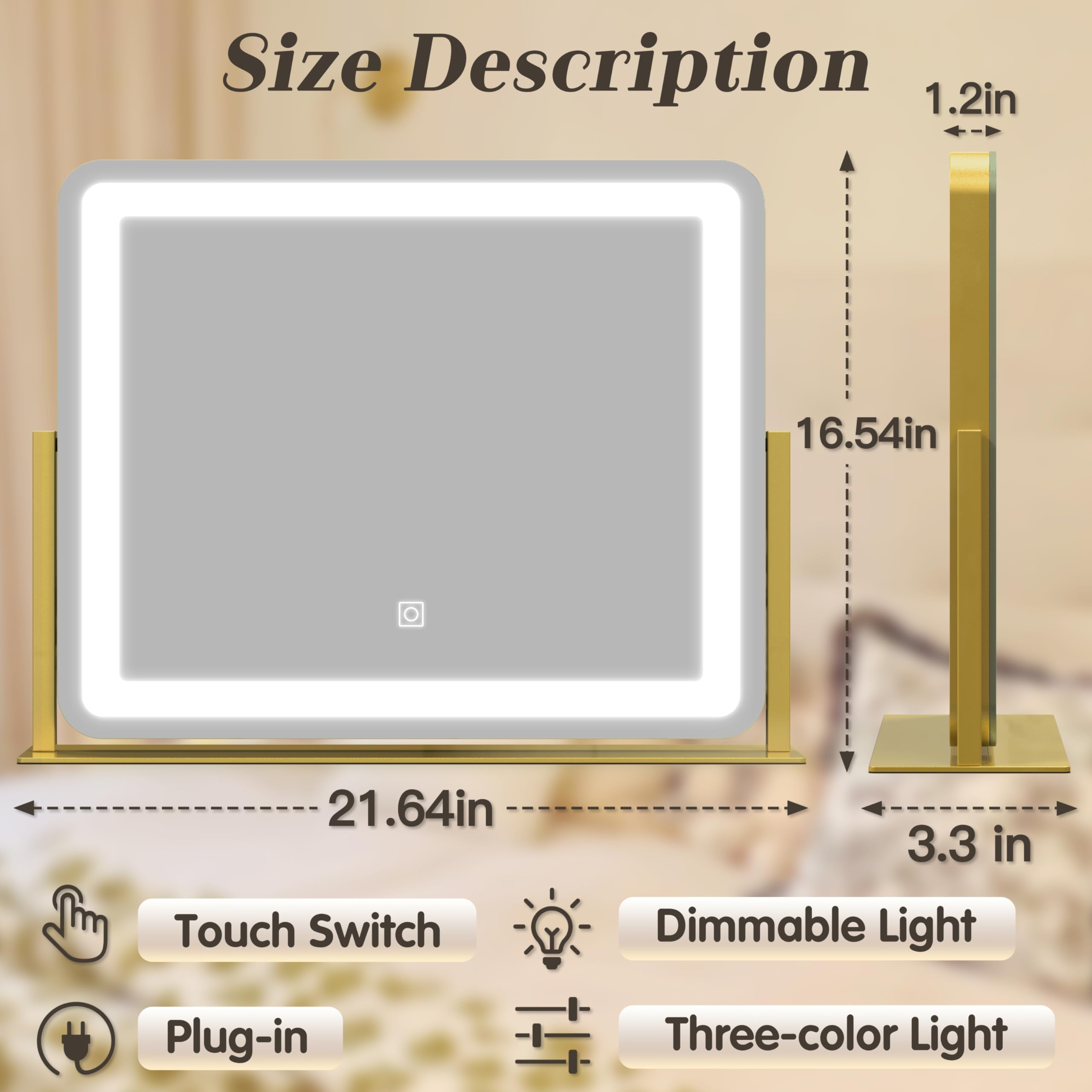 ROLOVE Gold Vanity Mirror close-up shows 360-degree rotation for versatile viewing.