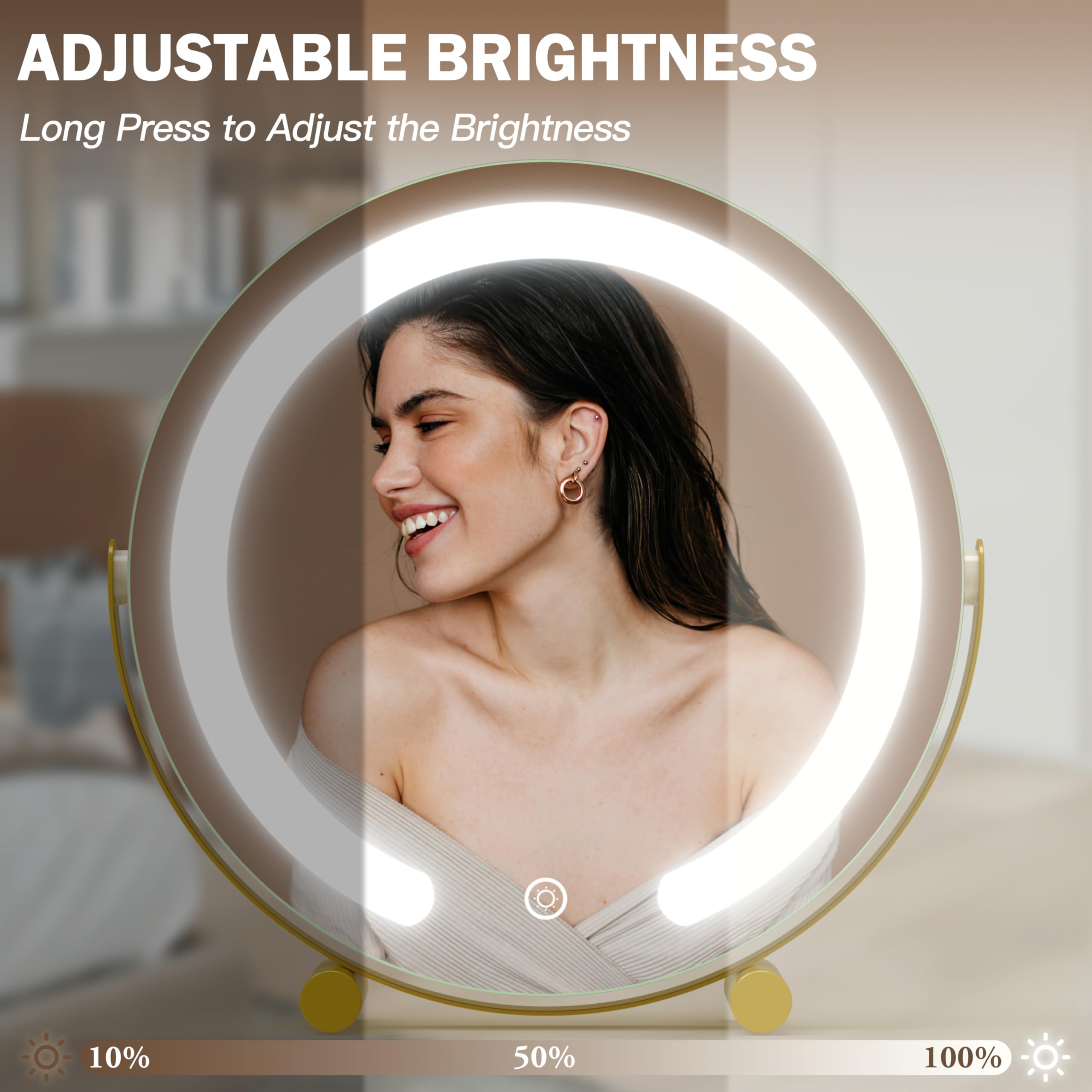 ROLOVE Gold Vanity Mirror brushed gold finish highlights premium design.