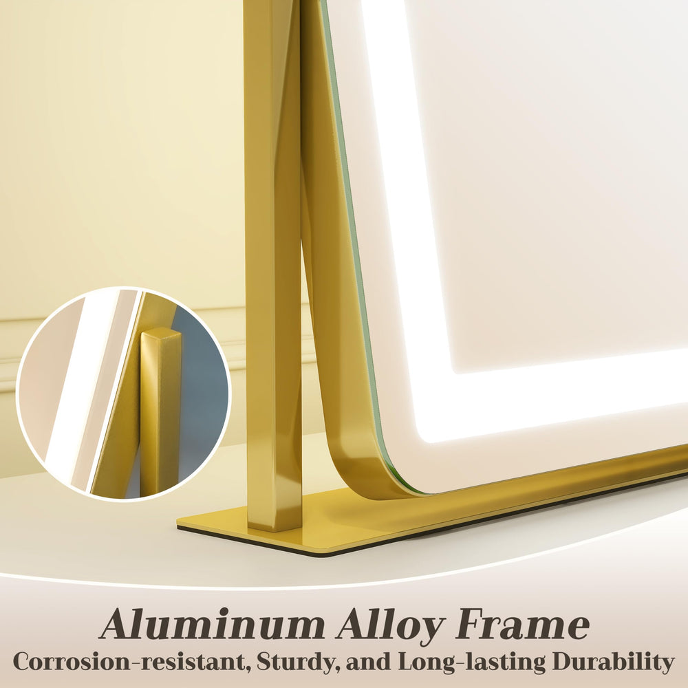 ROLOVE vanity mirror closeup shows aluminum alloy frame for durable design.
