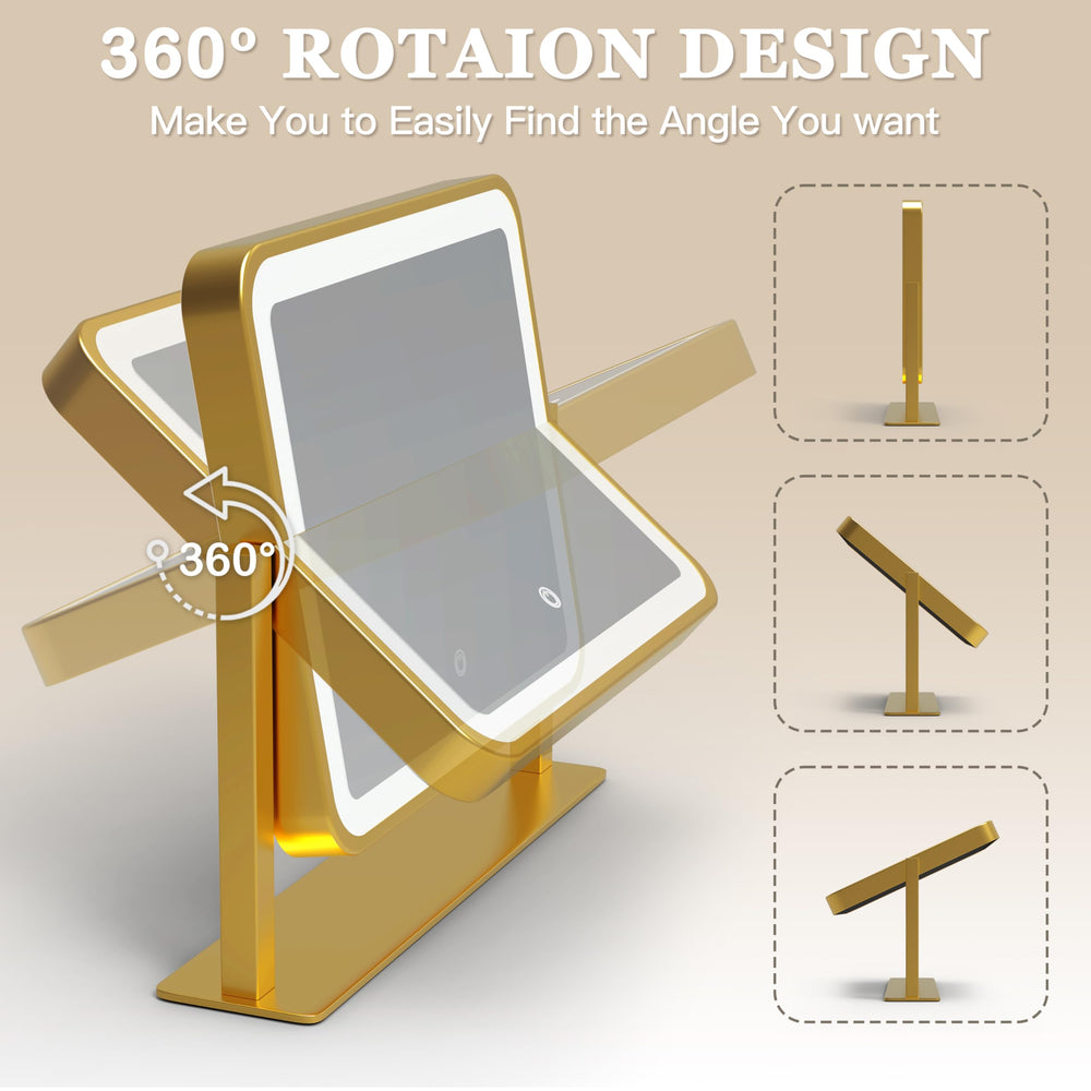 ROLOVE gold vanity mirror on a tidy desk setup for daily routines.