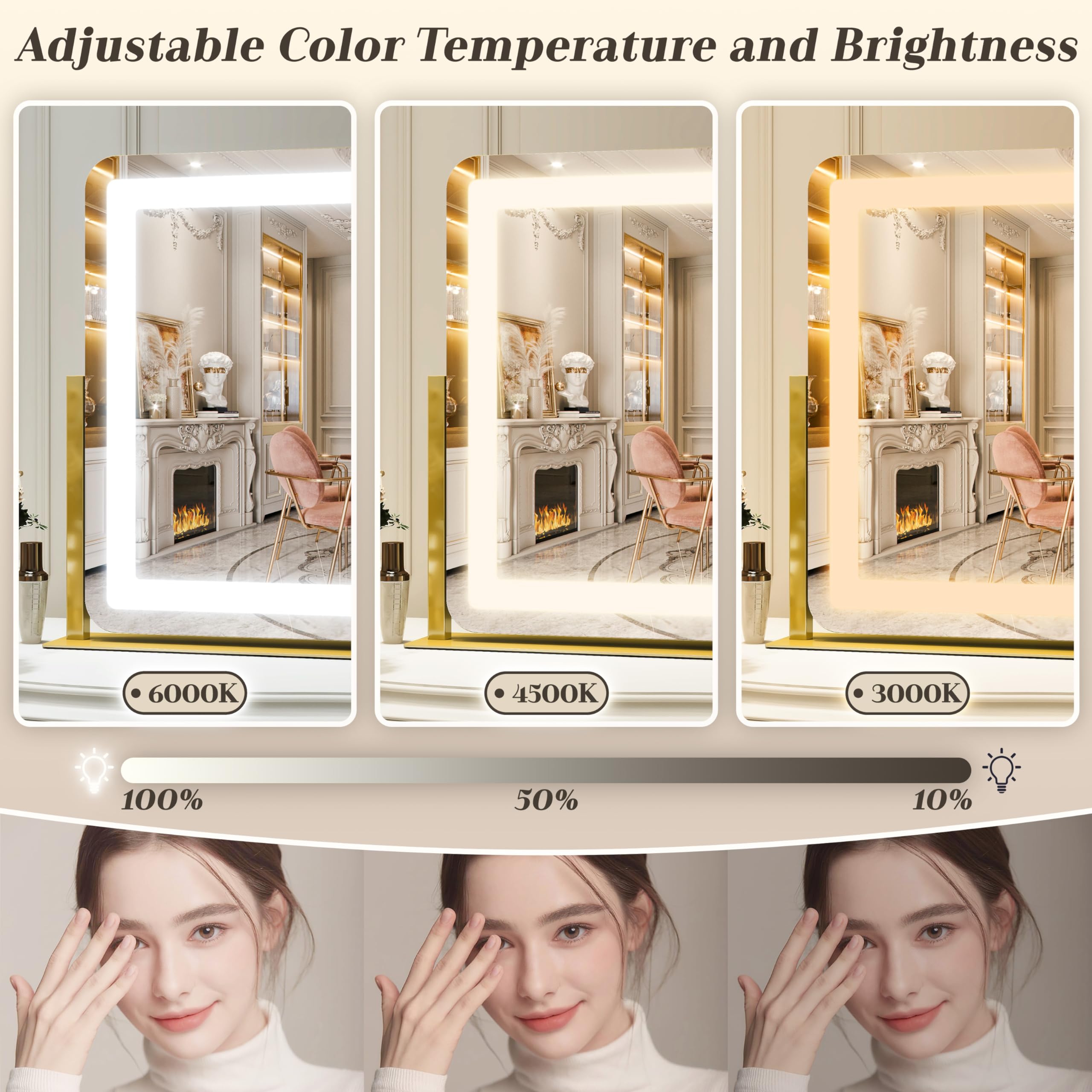 ROLOVE Gold Vanity Mirror on desk demonstrates easy installation and stable base.