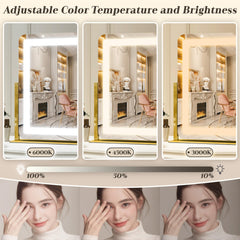 ROLOVE Gold Vanity Mirror on desk demonstrates easy installation and stable base.