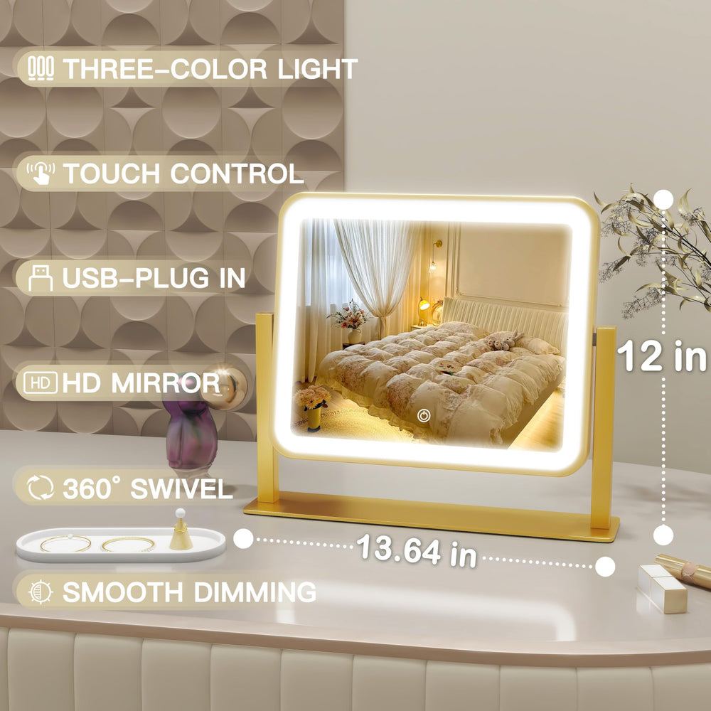 ROLOVE gold vanity mirror close up showing dimmable led lighting for makeup tasks.