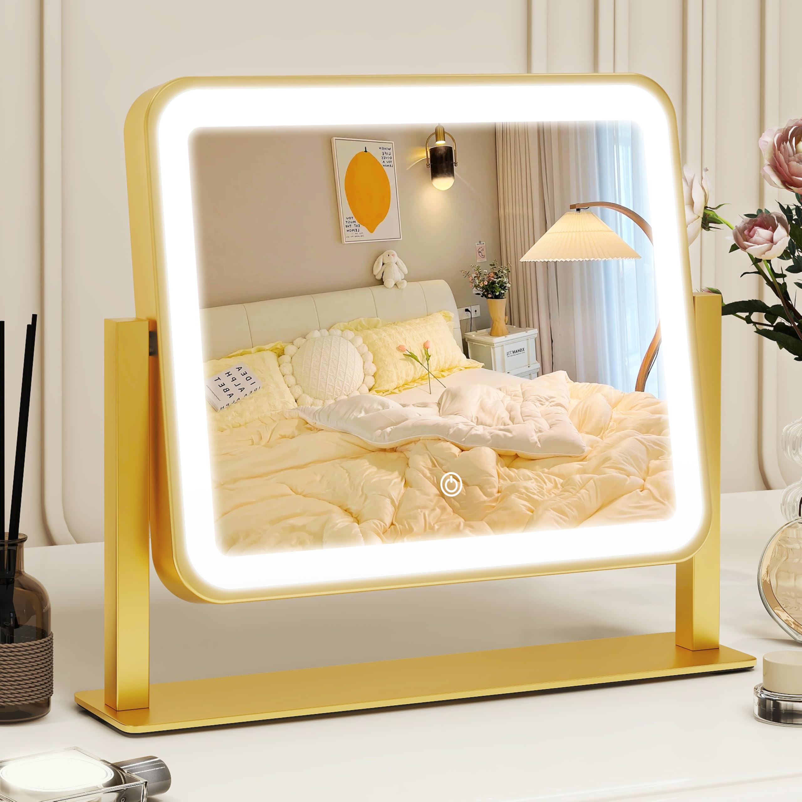ROLOVE gold vanity mirror front view with adjustable lighting for makeup.