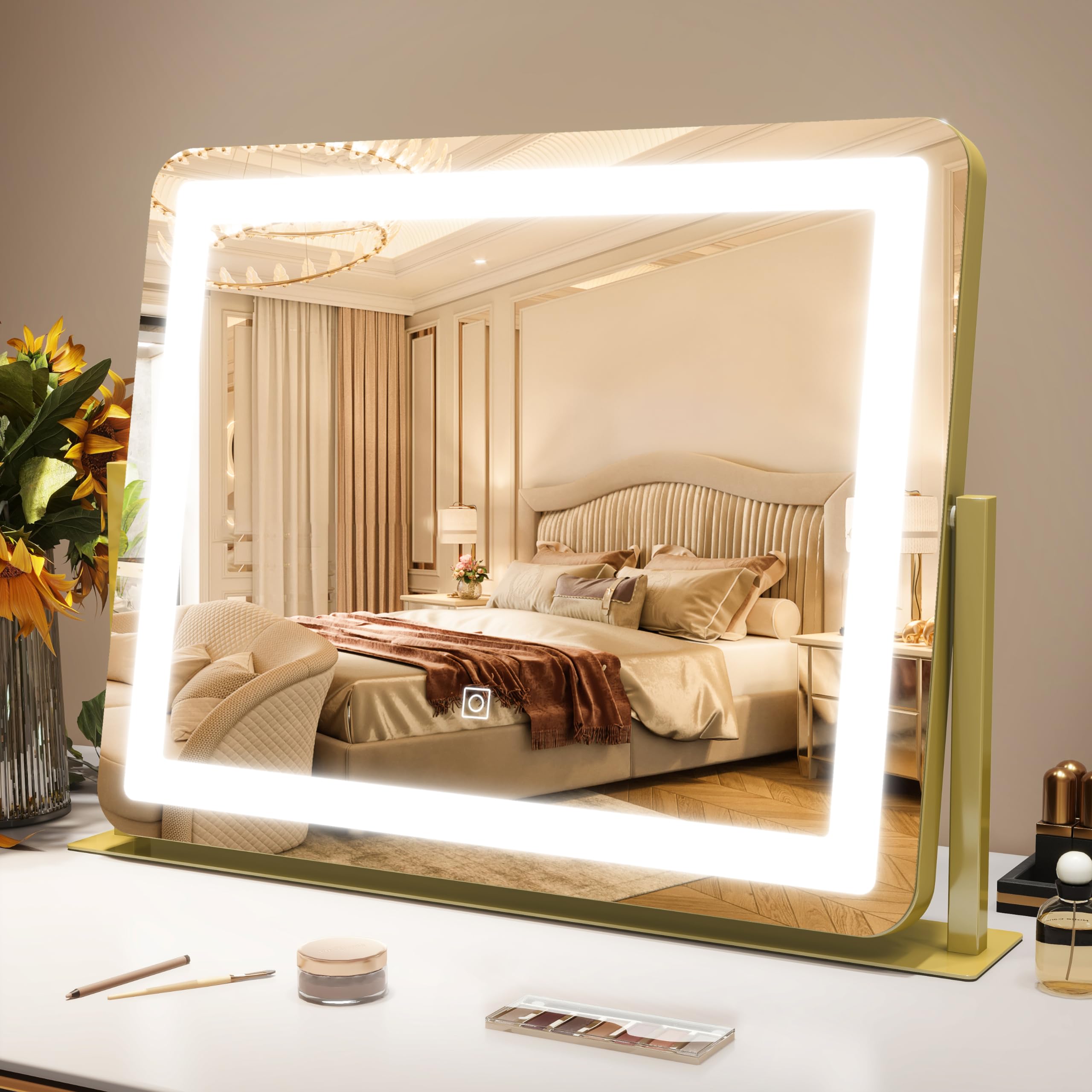ROLOVE Gold Vanity Mirror with Lights on-desk setup for precise makeup framing.