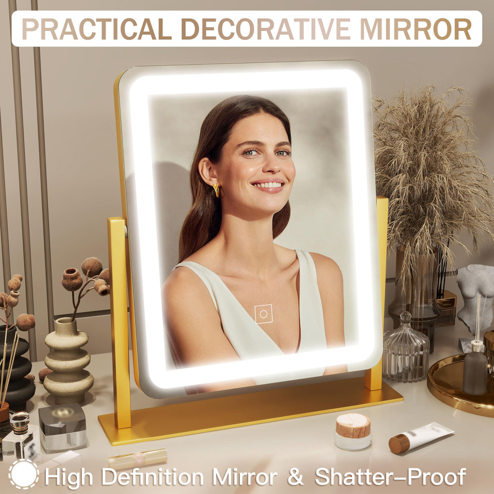 ROLOVE gold vanity mirror lit controls highlight three lighting options for makeup.