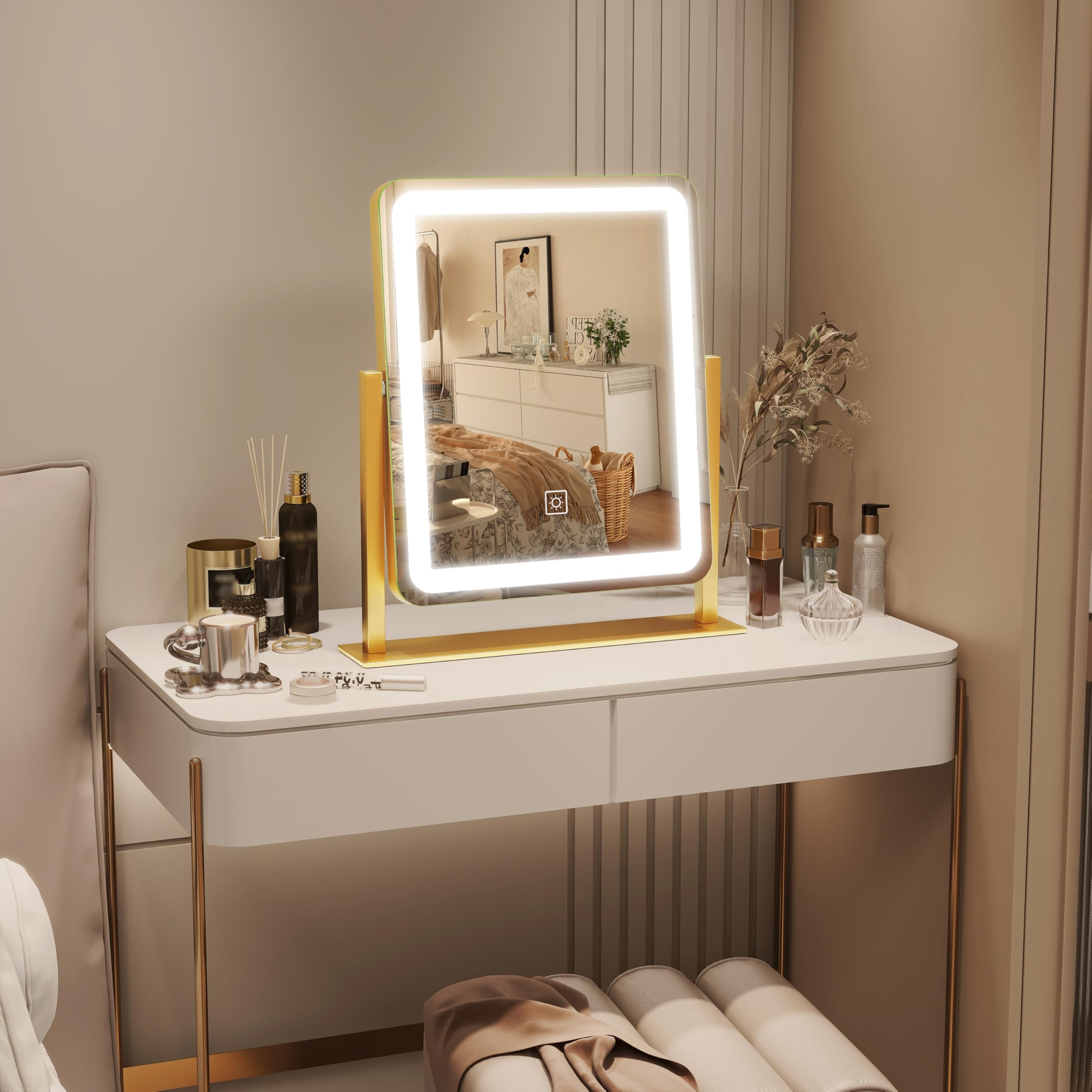 ROLOVE gold vanity mirror demonstrates 360° rotation for full-face viewing.