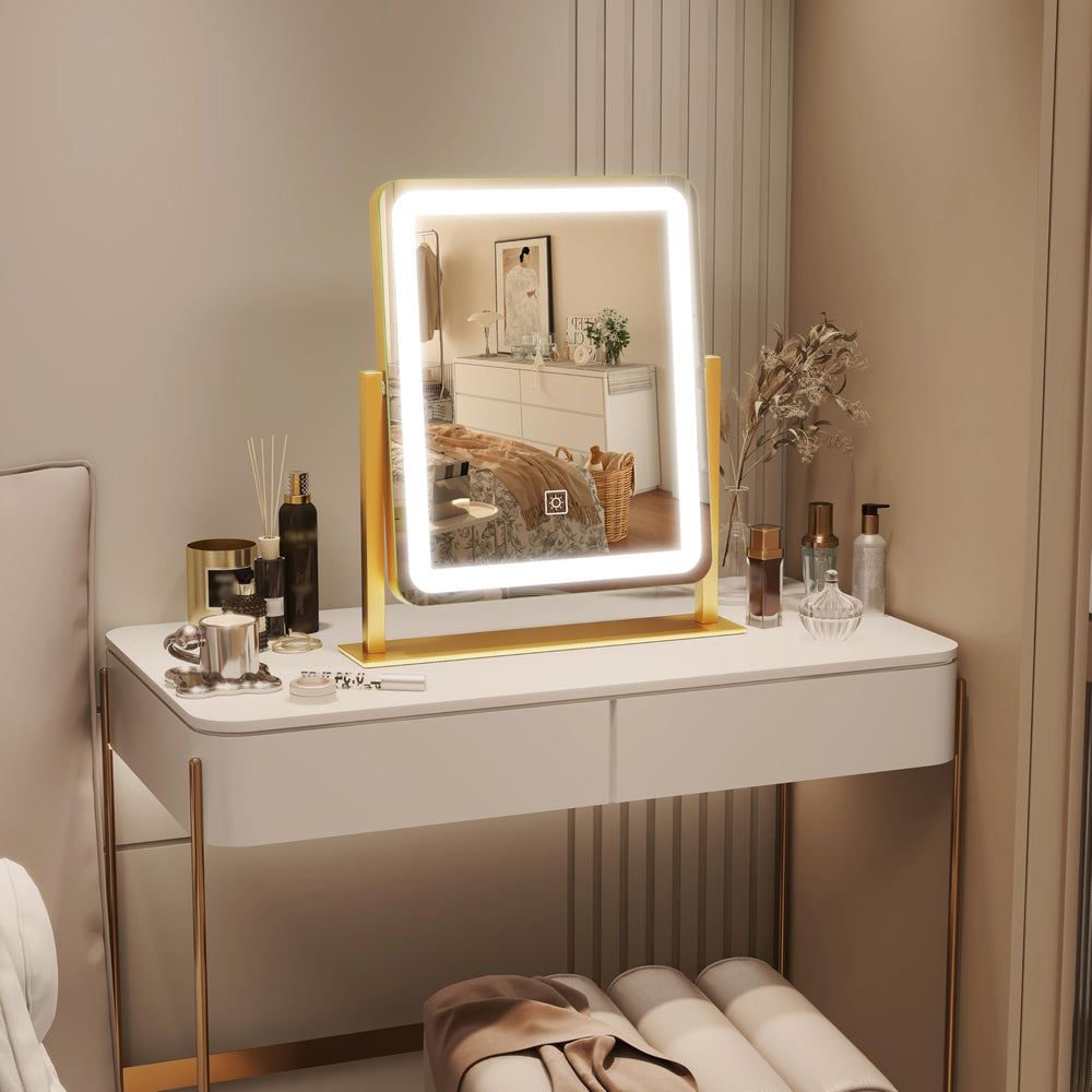ROLOVE gold vanity mirror demonstrates 360° rotation for full-face viewing.