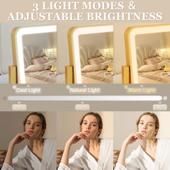 ROLOVE gold vanity mirror side angle highlights sturdy aluminum frame on a desk.