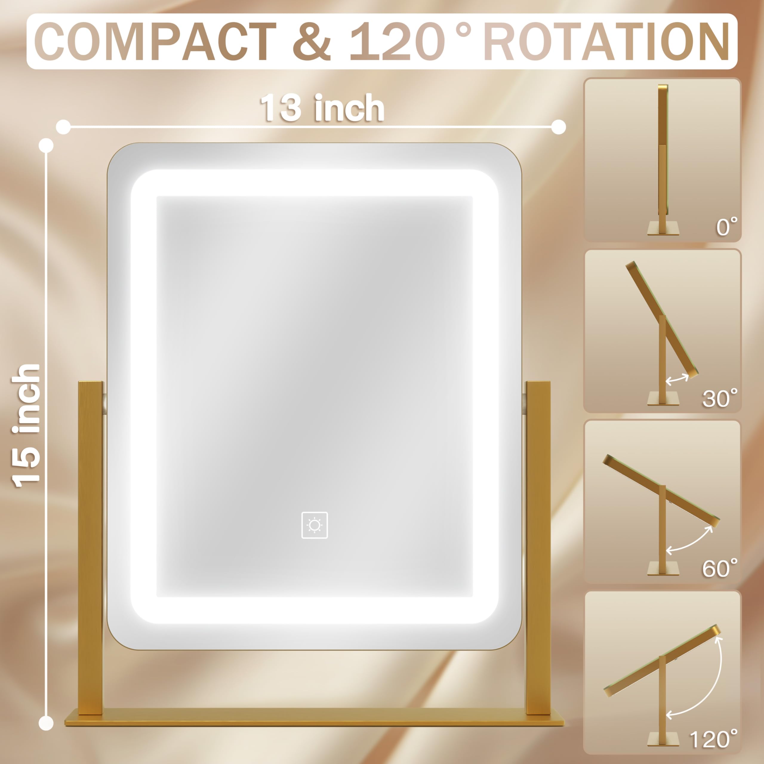 ROLOVE gold vanity mirror side view shows 360° rotation versatility.