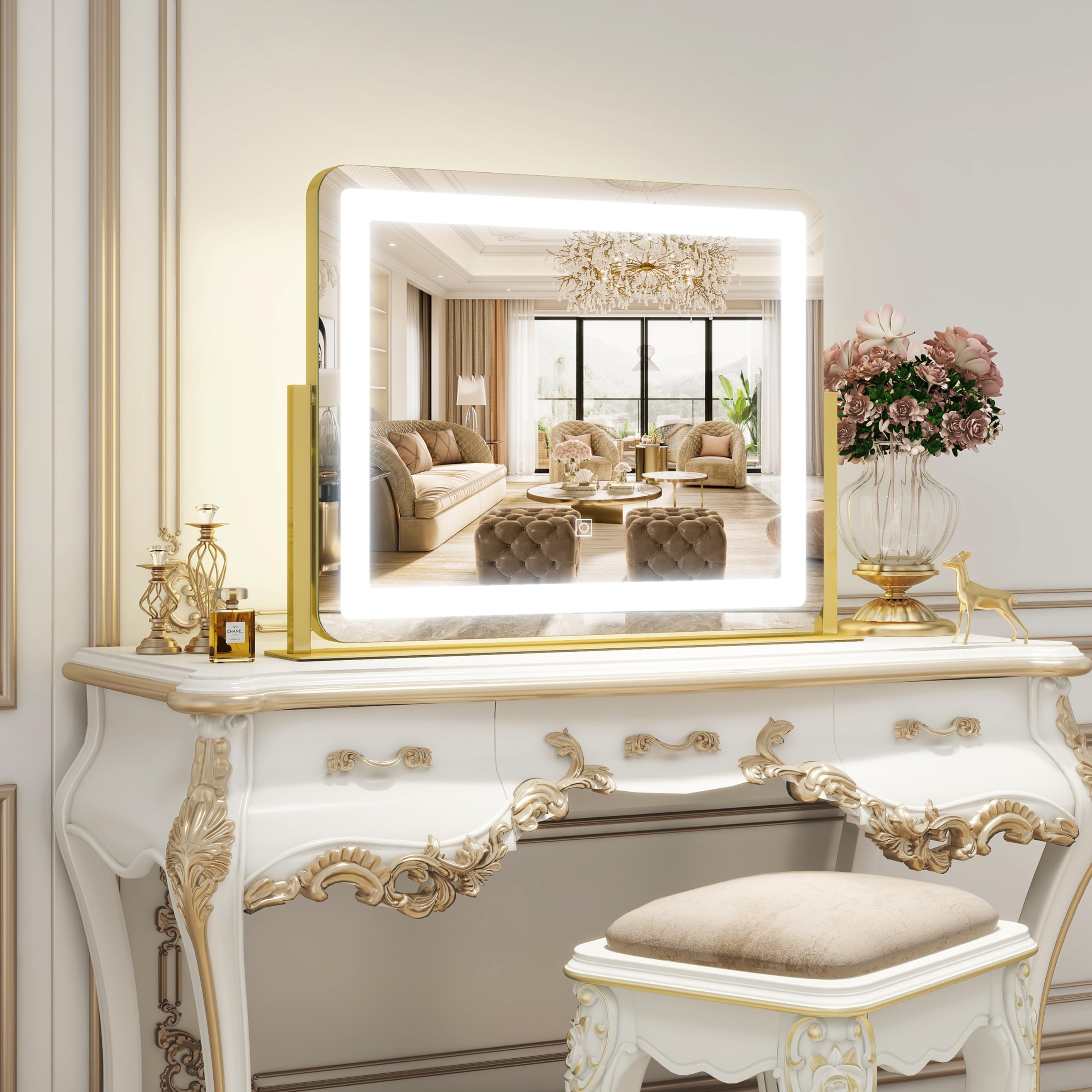 ROLOVE Gold Vanity Mirror with smart dimming enables customizable lighting for makeup.