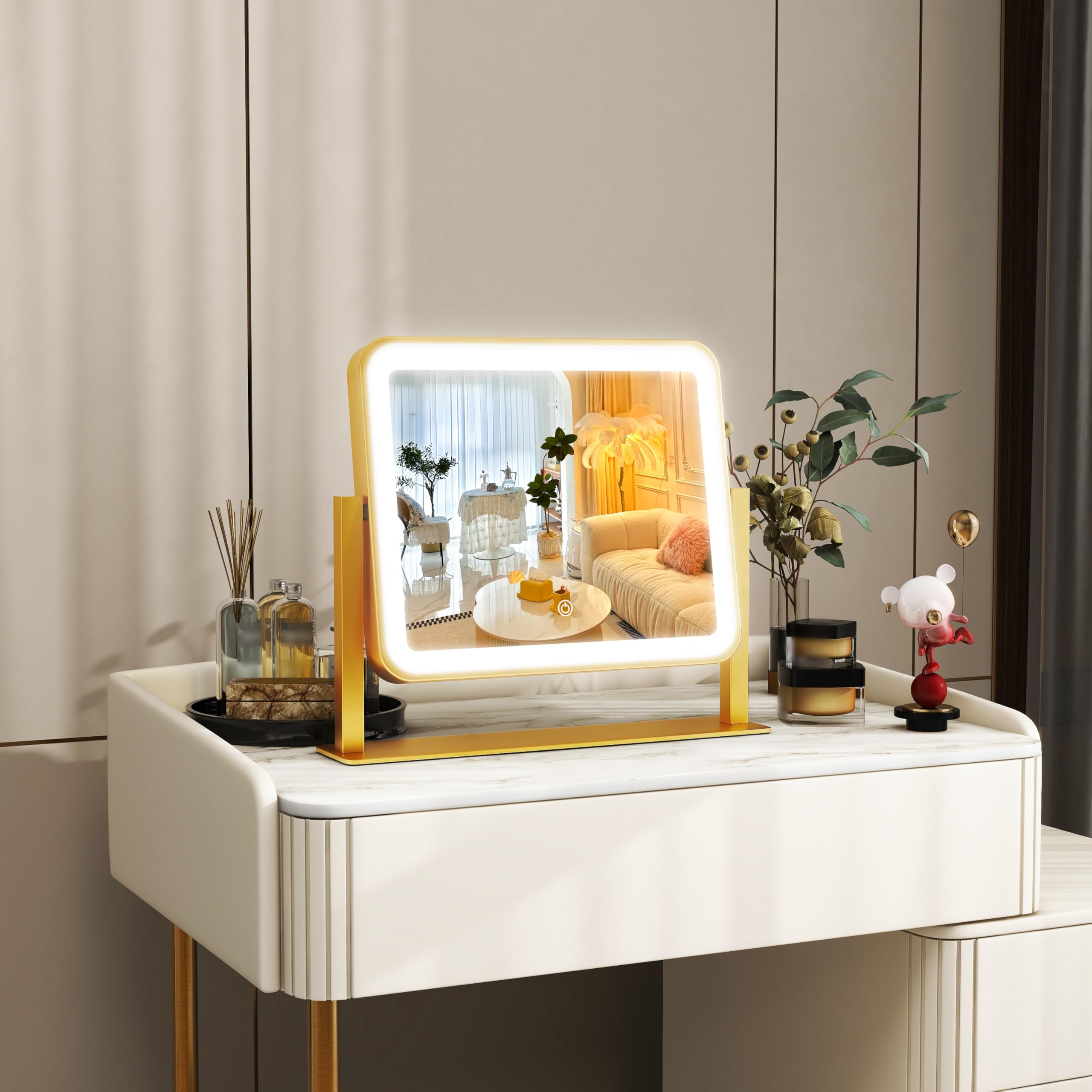 ROLOVE gold vanity mirror with smart touch control and three color modes.
