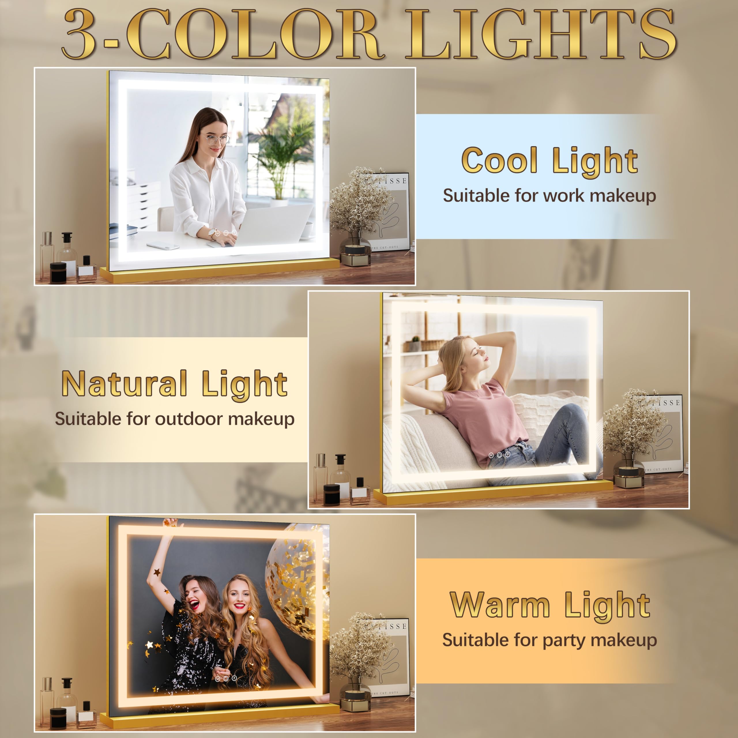 ROLOVE mirror touch-control buttons demonstrate easy color and brightness adjustments for quick styling.