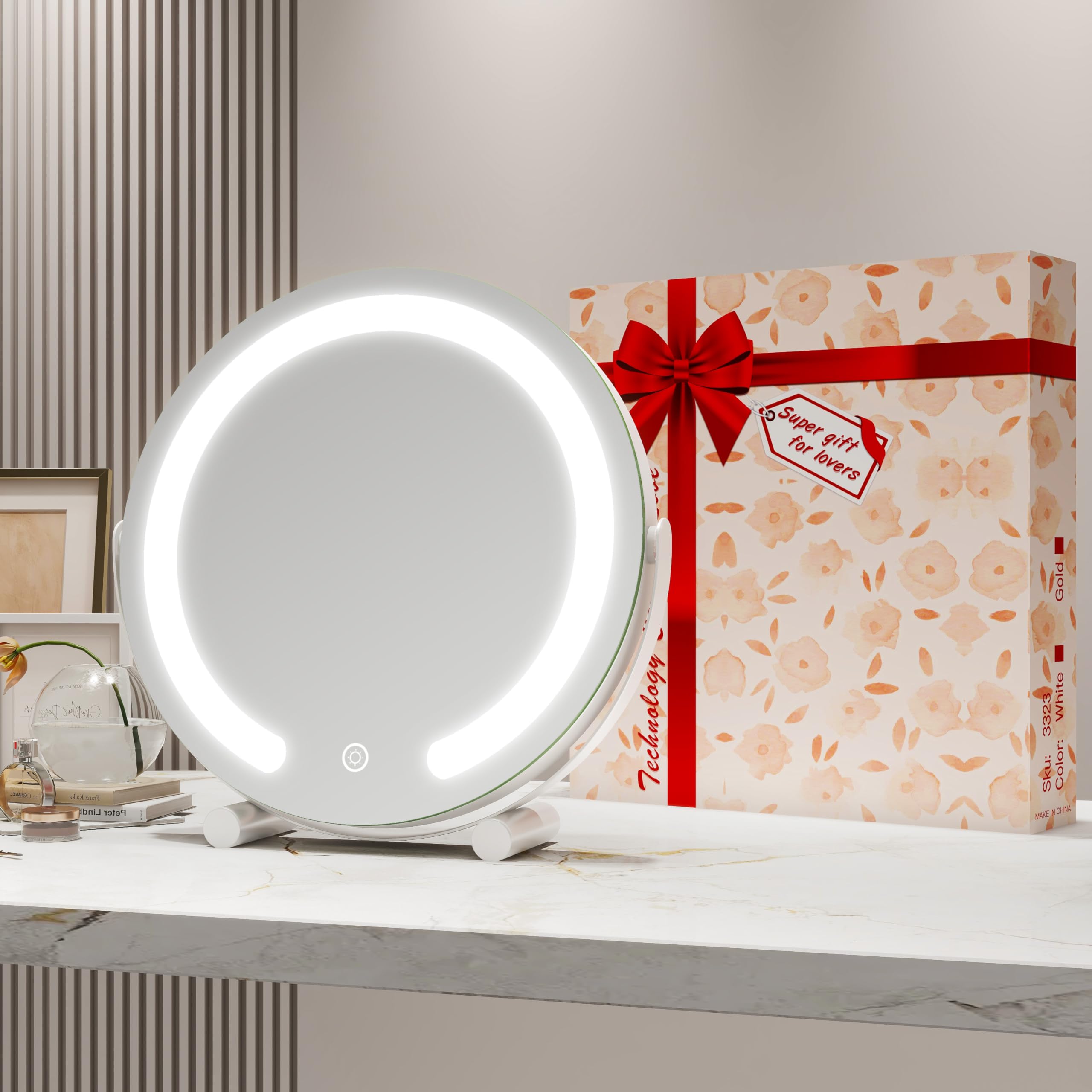 ROLOVE LED makeup mirror with three light modes offering adjustable warmth