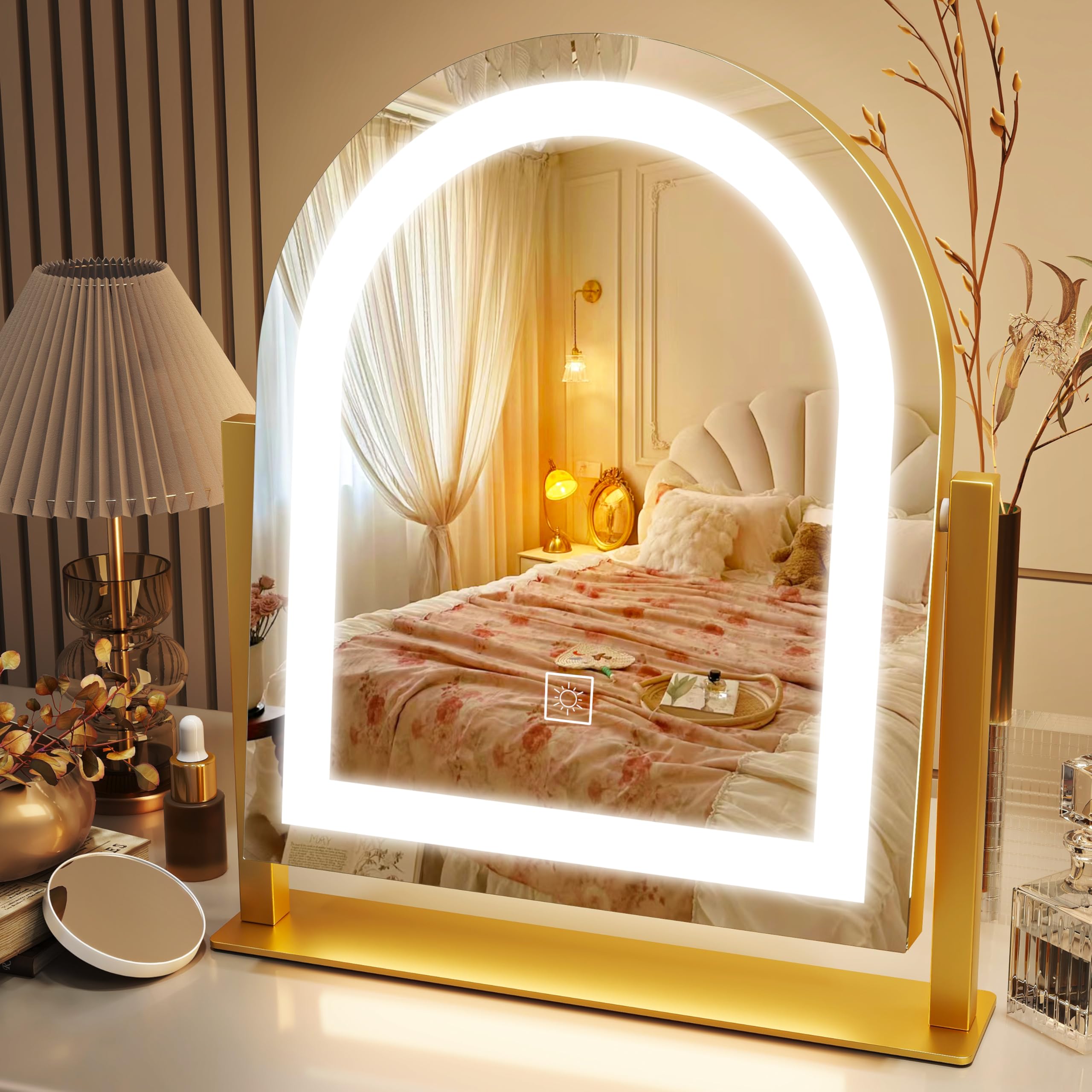 ROLOVE lighted makeup mirror 15x13 in gold for full-face visibility
