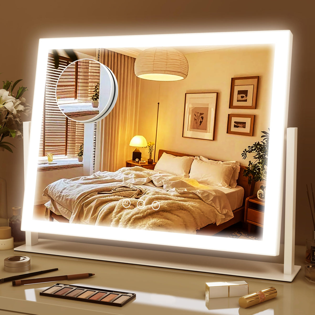 ROLOVE lighted makeup mirror 16x12 front view with shadow-free lighting for even makeup