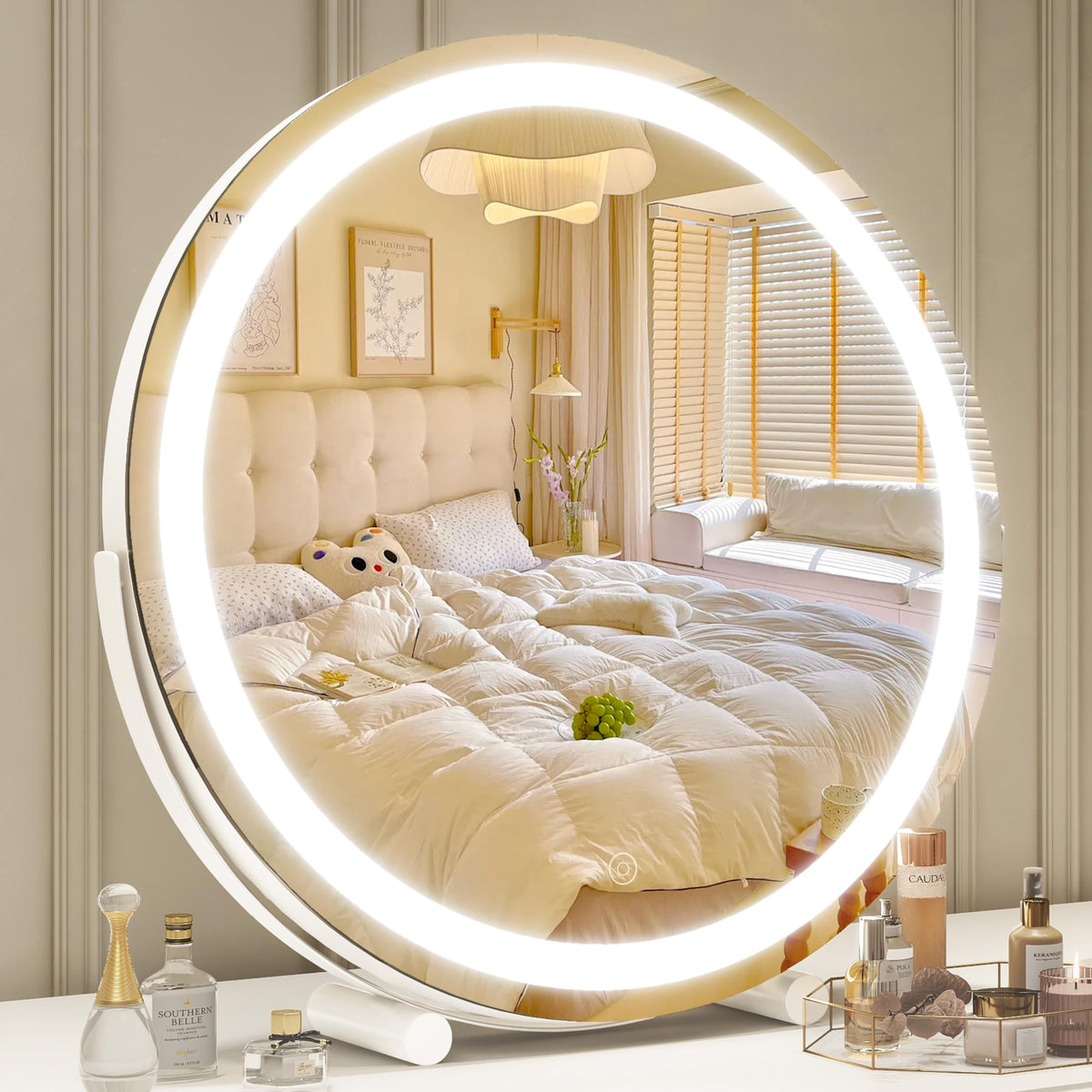ROLOVE makeup mirror 18-inch round view with LED lights for precise makeup application and even lighting.