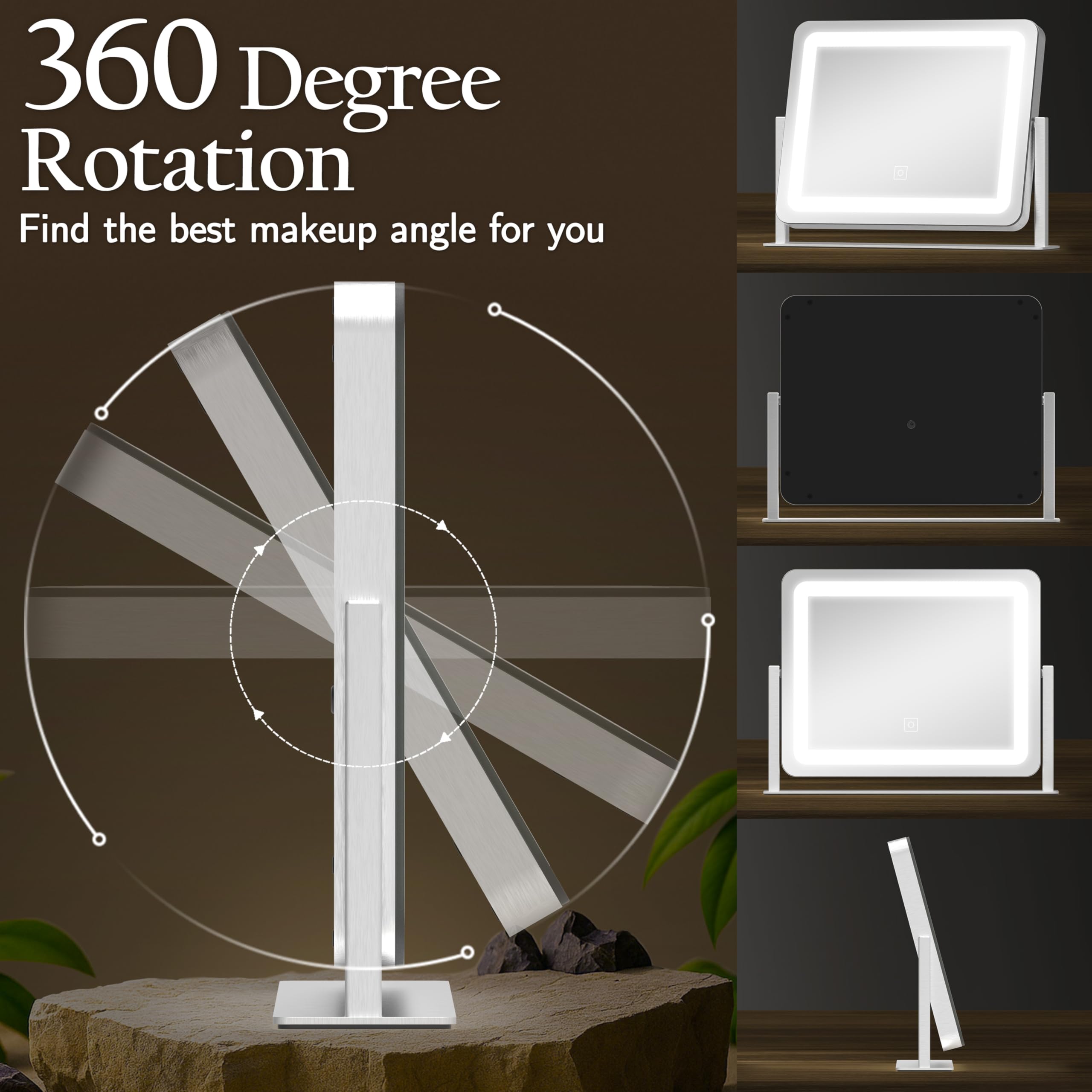 ROLOVE three-color lighting with dimming lets you adjust brightness for makeup tasks.