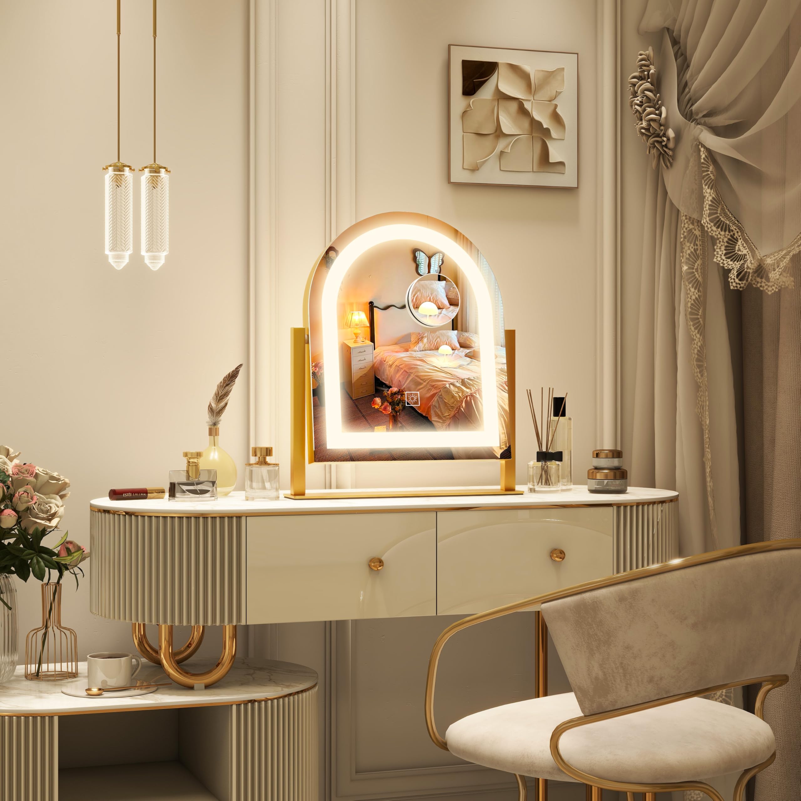 ROLOVE tabletop vanity keeps space organized with a gold finish