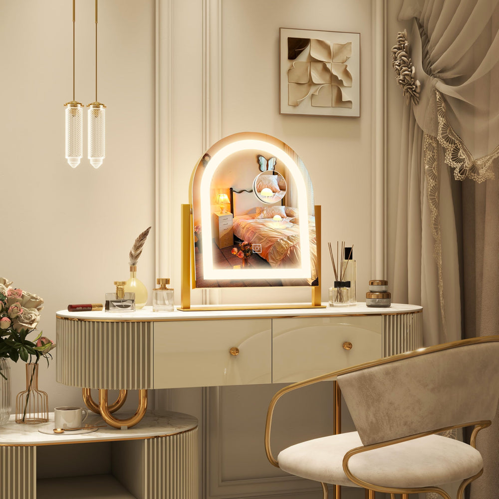 ROLOVE tabletop vanity keeps space organized with a gold finish