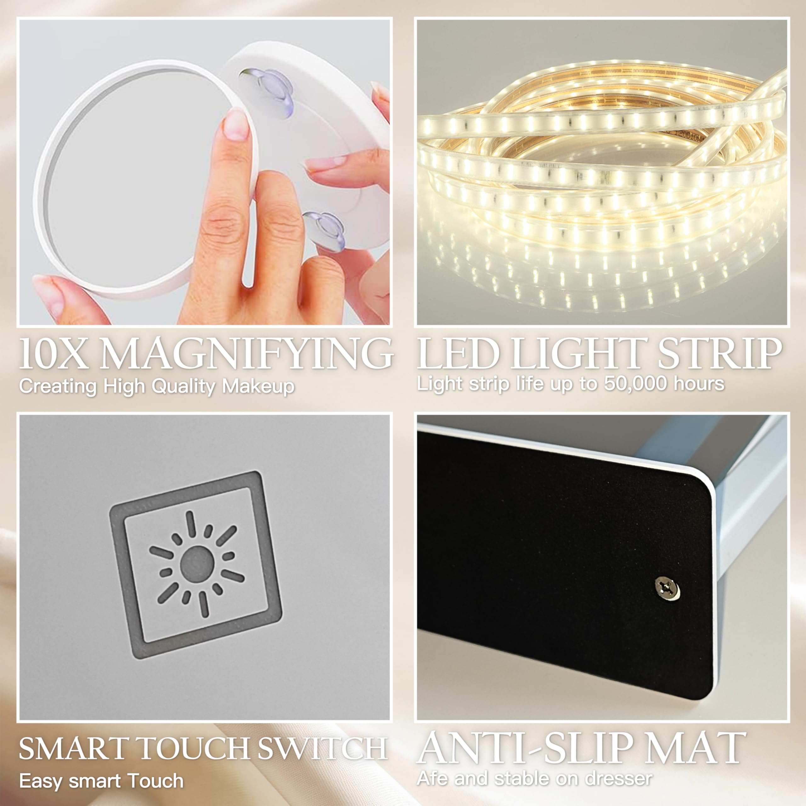 ROLOVE vanity mirror aluminum frame offers stable, durable mounting.