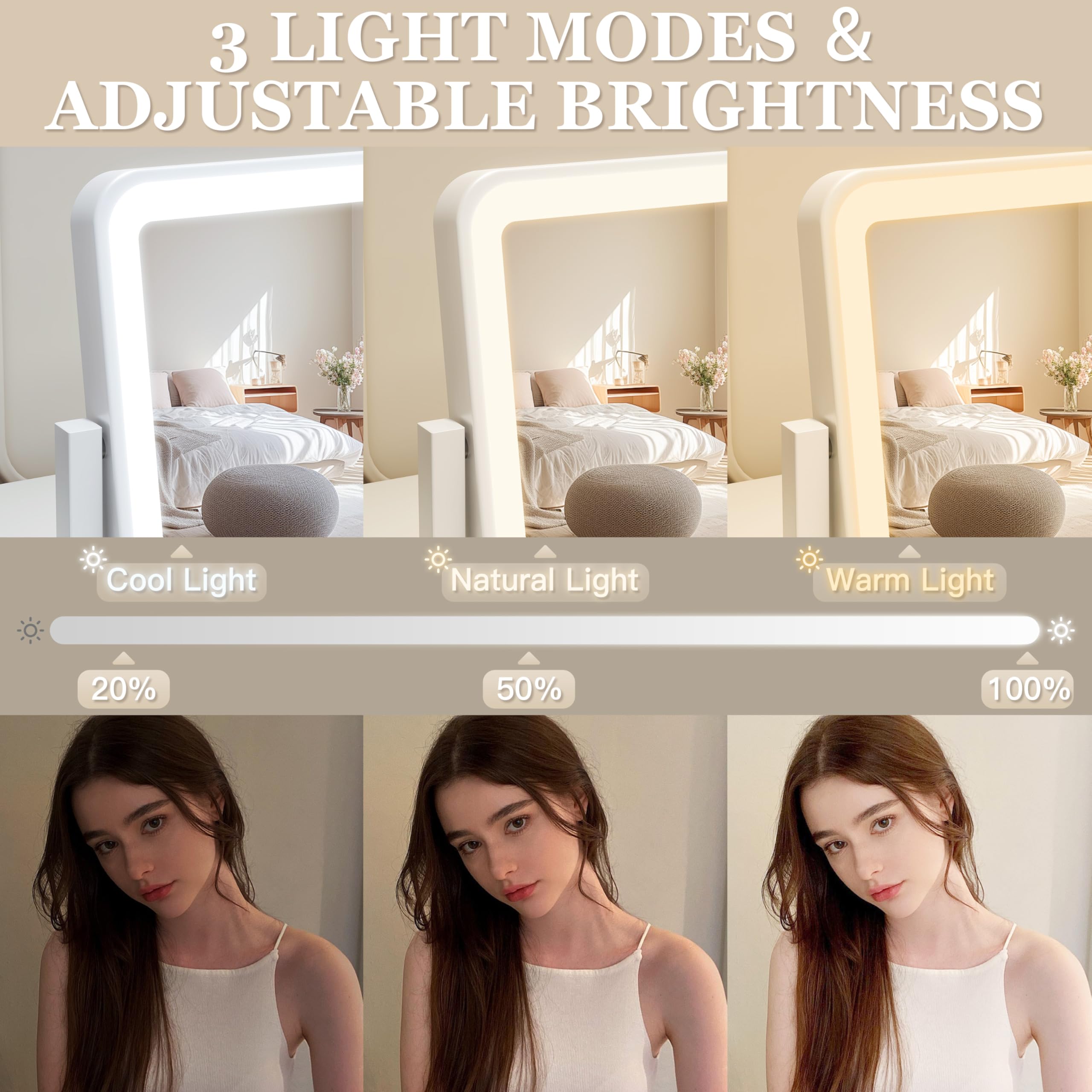 ROLOVE vanity mirror aluminum frame highlighting durability and elegance.