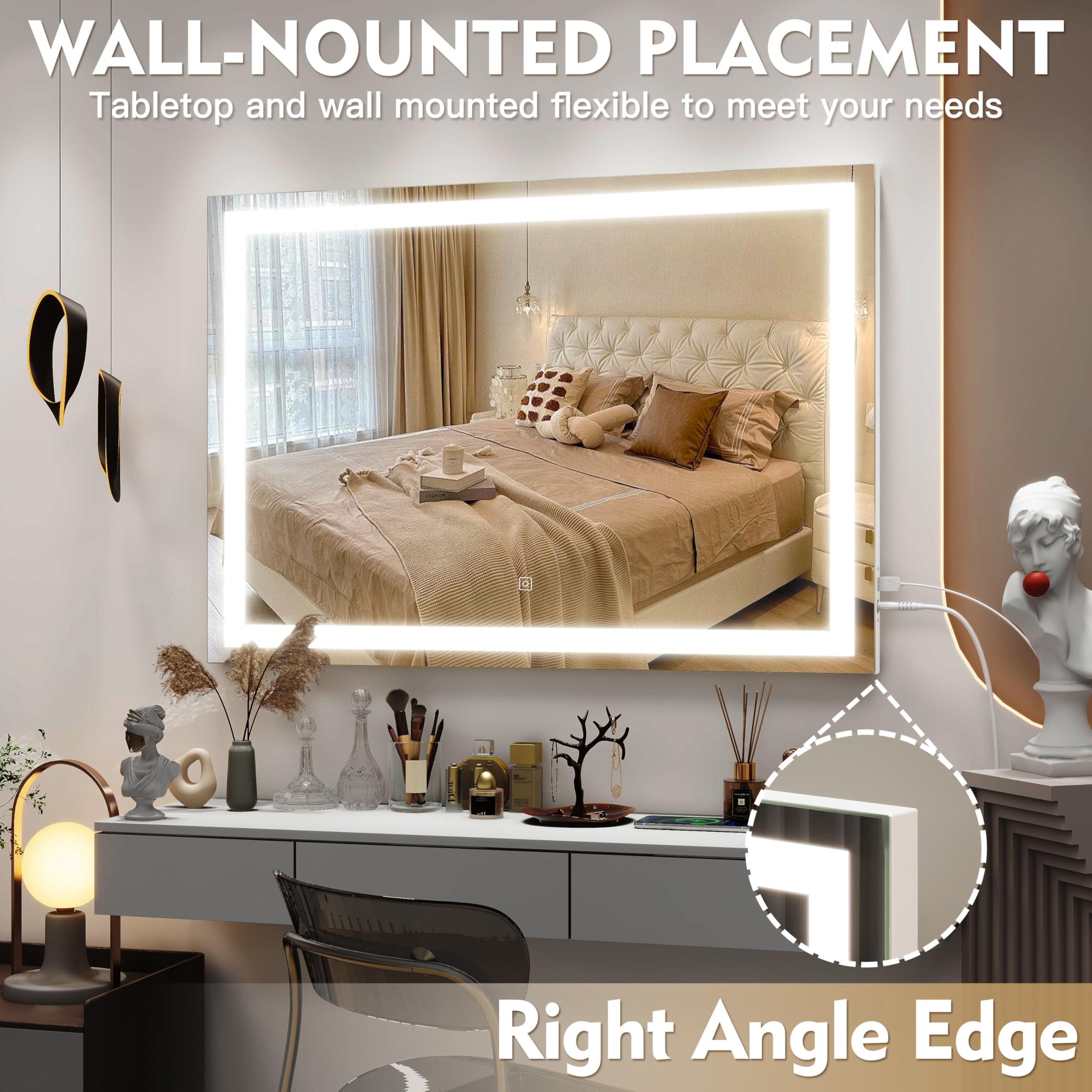 ROLOVE vanity mirror-color-temperature-triple adapts warm to natural lighting for skincare.