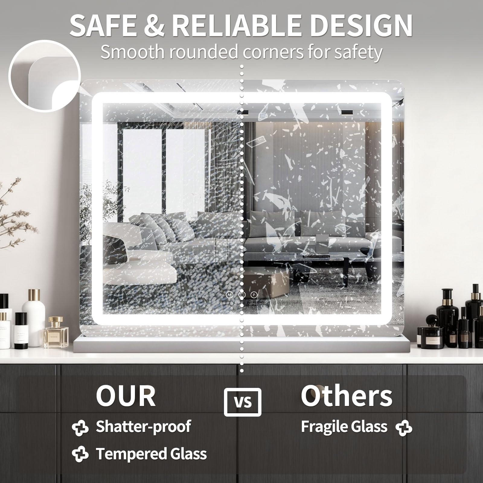 ROLOVE vanity mirror dressing room setup offers a large surface for full-view grooming