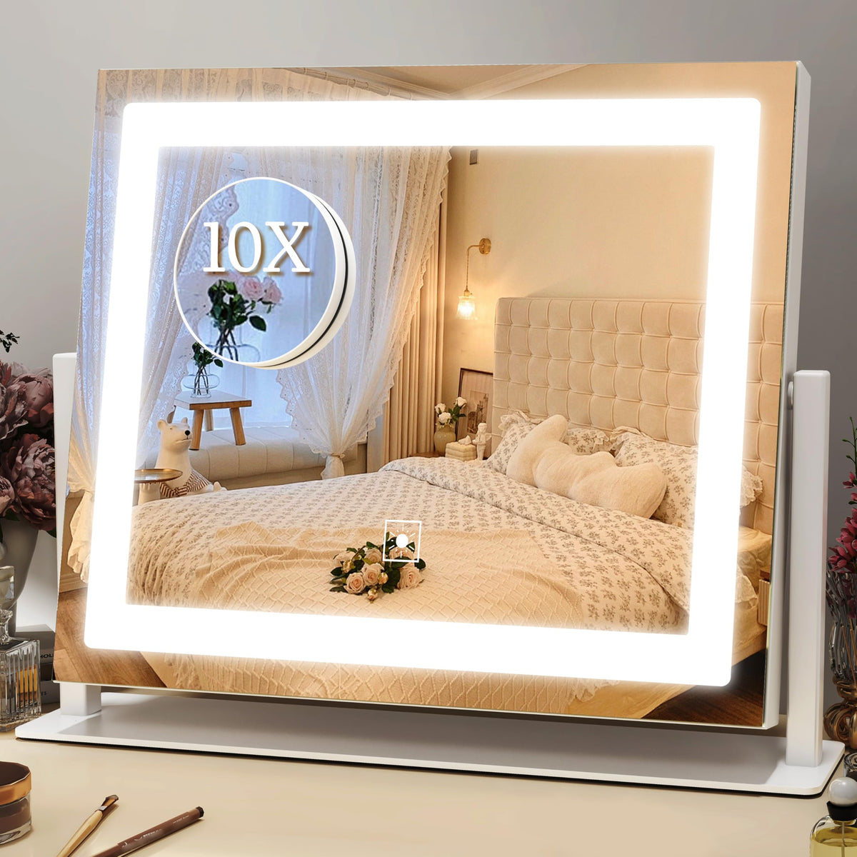 ROLOVE vanity mirror front-lit view for shadow-free makeup application.