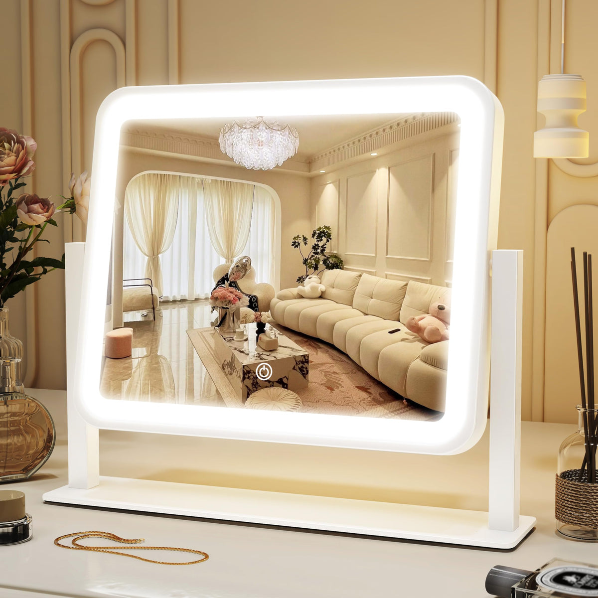 ROLOVE vanity mirror with lights front view showing 14x12 inch size for precise makeup prep.