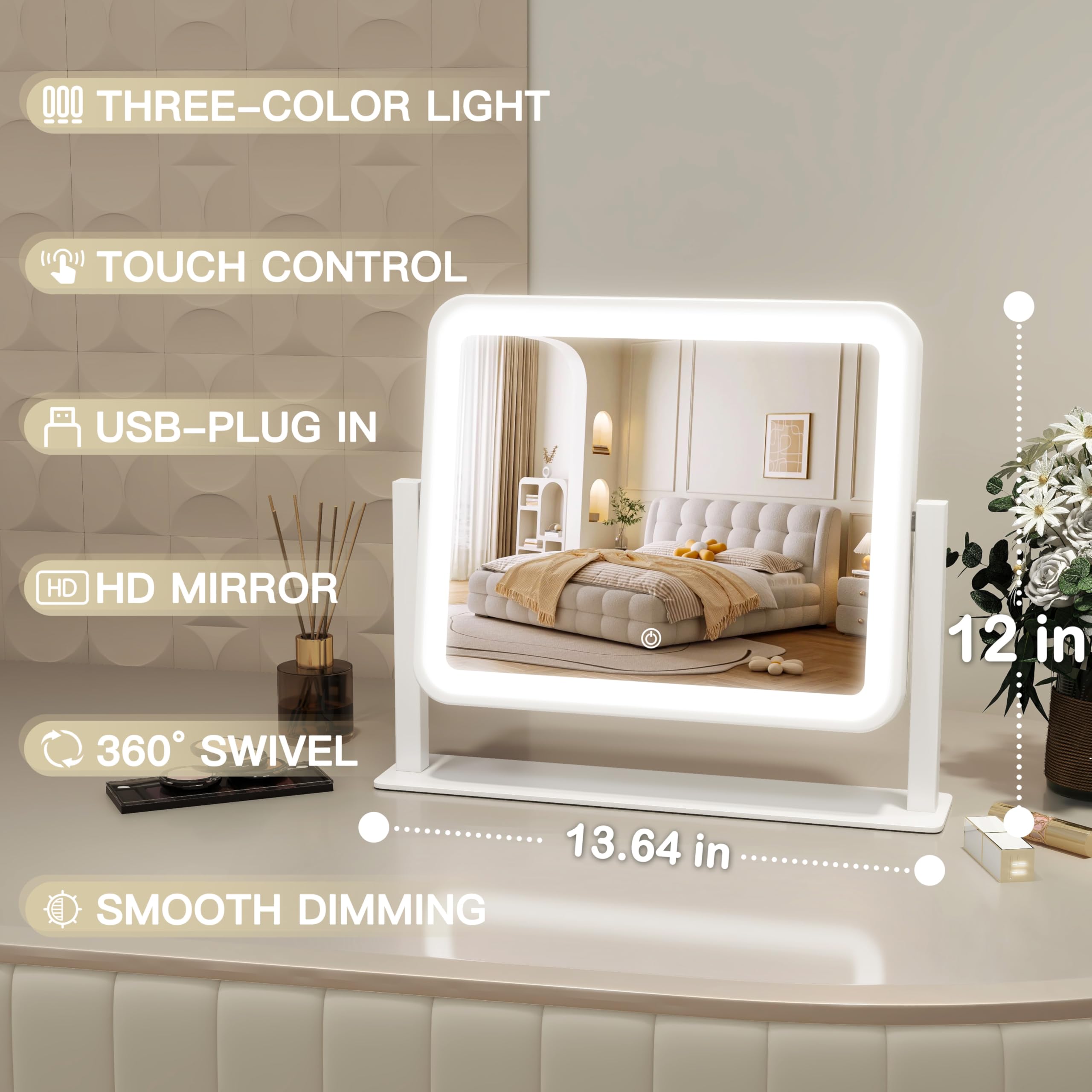 ROLOVE vanity mirror LED with 3 color options and dimmable controls for customized lighting.