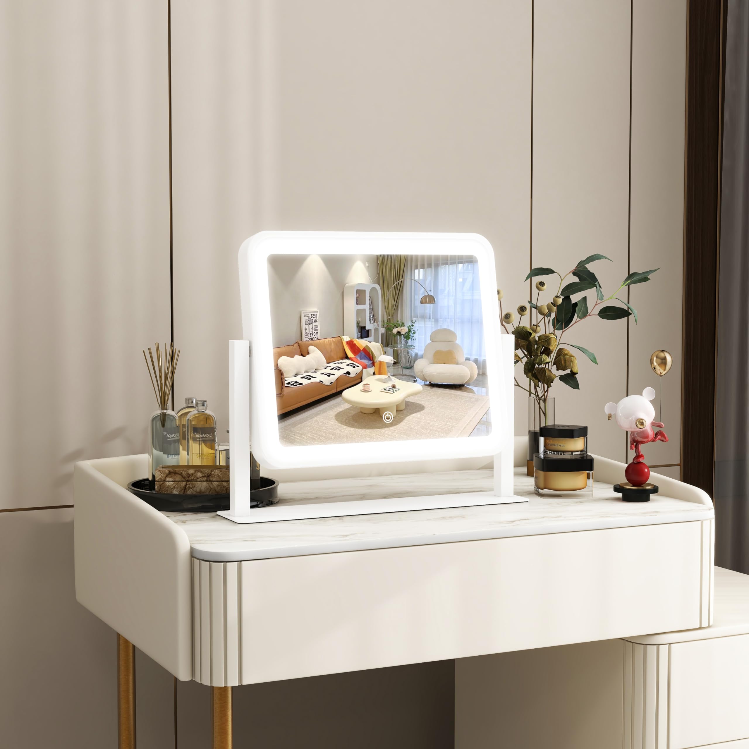 ROLOVE vanity mirror close-up of dimmable brightness control for makeup tasks.