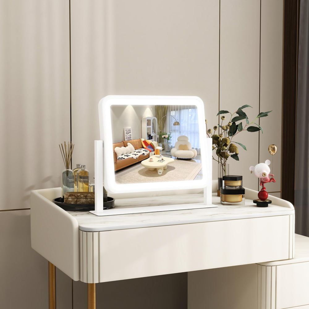 ROLOVE vanity mirror close-up of dimmable brightness control for makeup tasks.