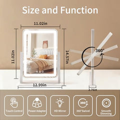 ROLOVE vanity mirror showing natural, cool, warm lighting modes for versatile grooming