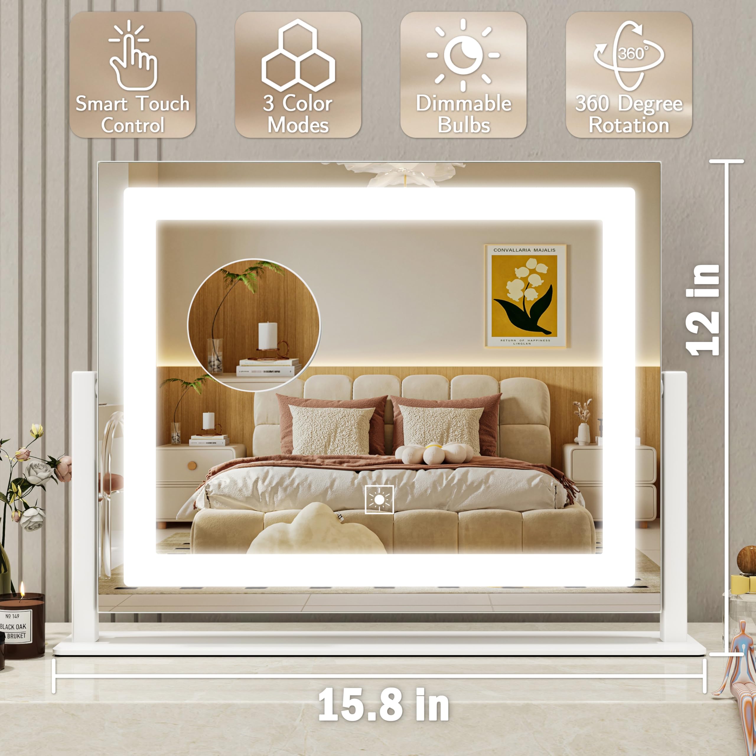 ROLOVE vanity mirror side-angle shows adjustable brightness for precise routines.