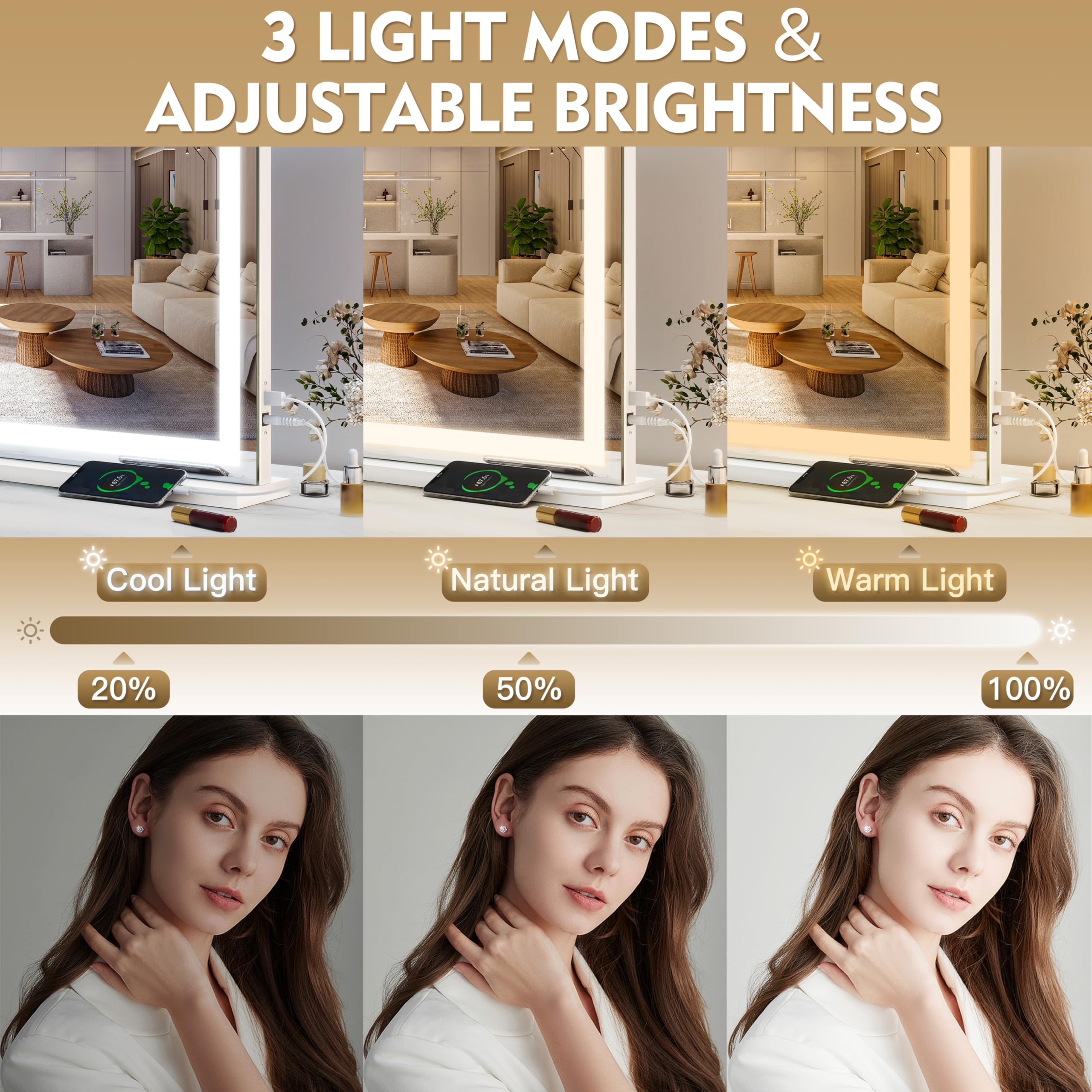 ROLOVE vanity mirror-tabletop-wall-mount shows versatile setup saving desk space.