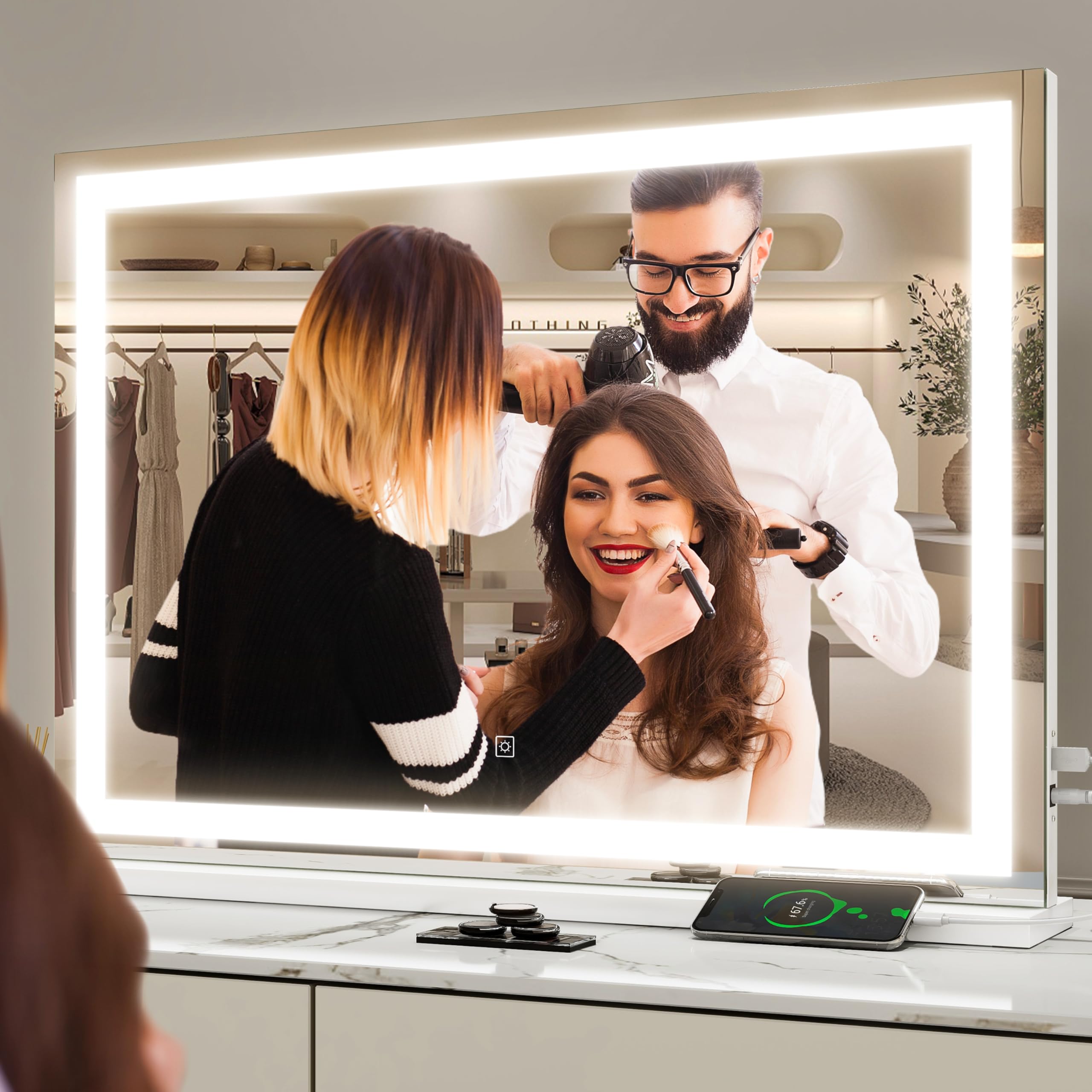 ROLOVE vanity mirror-usb-charging-port keeps devices powered while you prep.