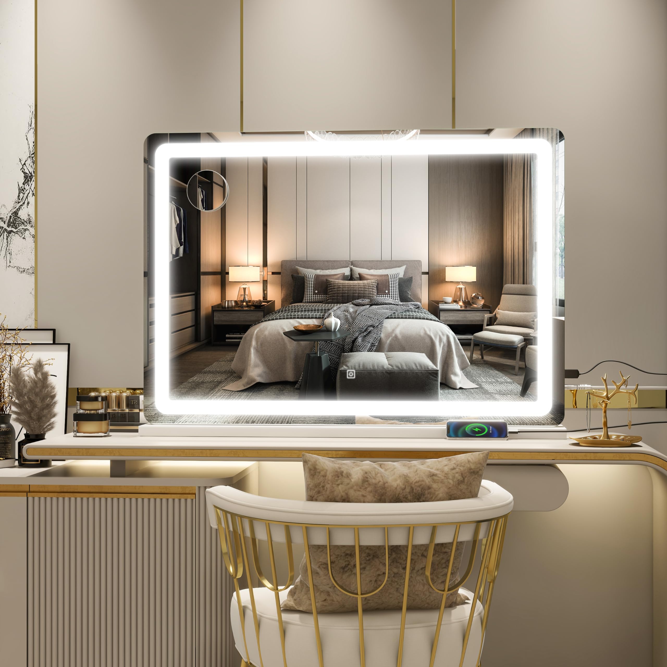 ROLOVE vanity mirror USB charging port keeps your phone powered while you get ready