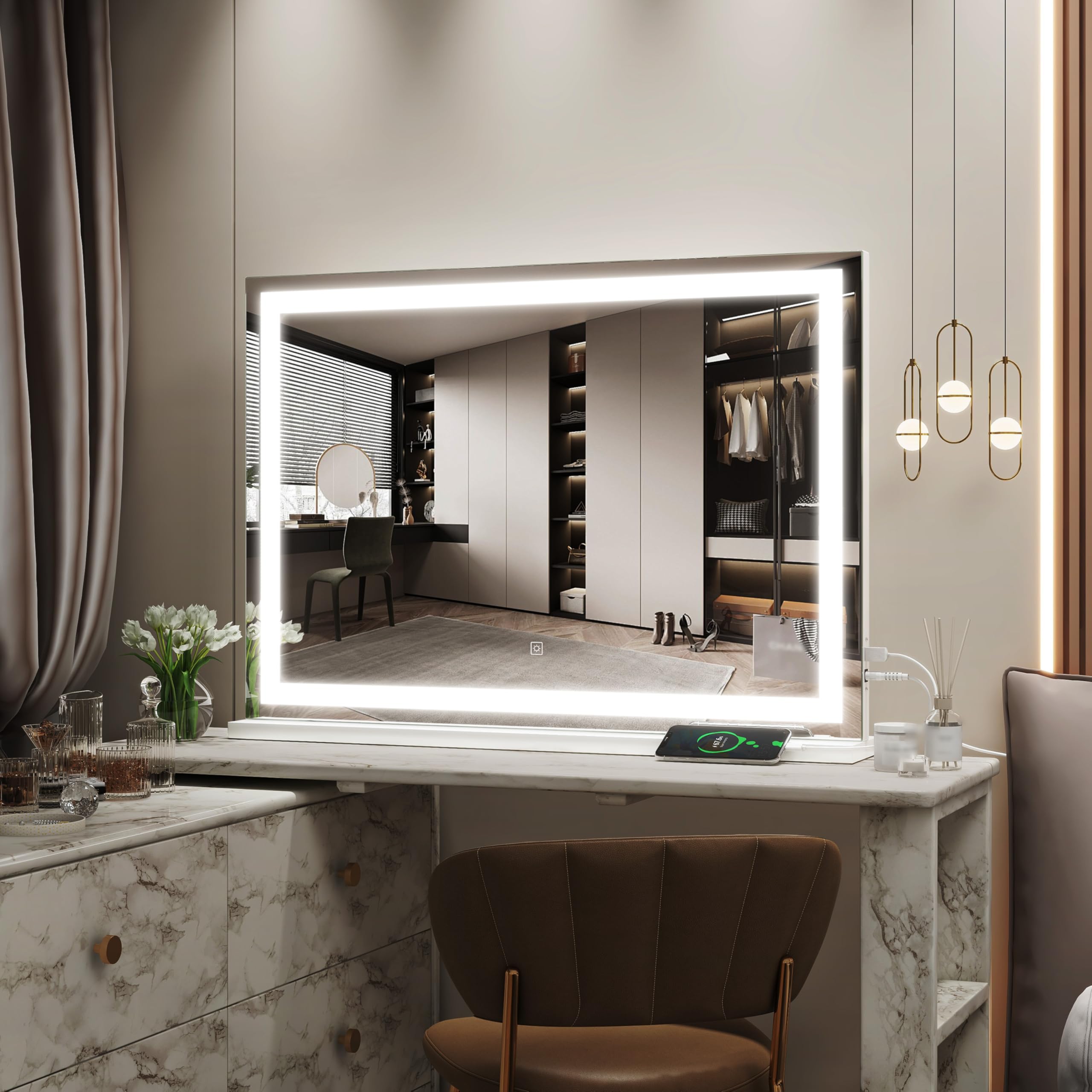 ROLOVE vanity mirror-white-frame-closeup showcases contemporary design for any room.