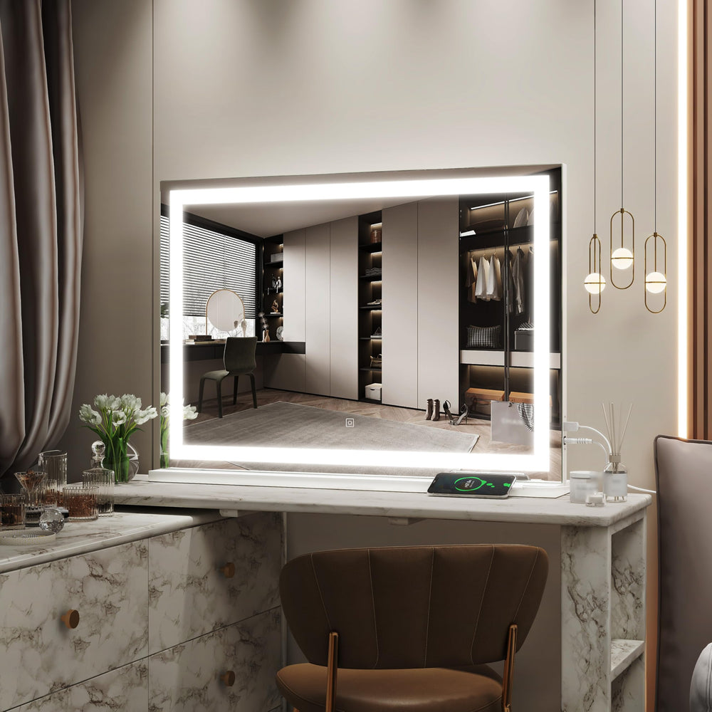 ROLOVE vanity mirror-white-frame-closeup showcases contemporary design for any room.