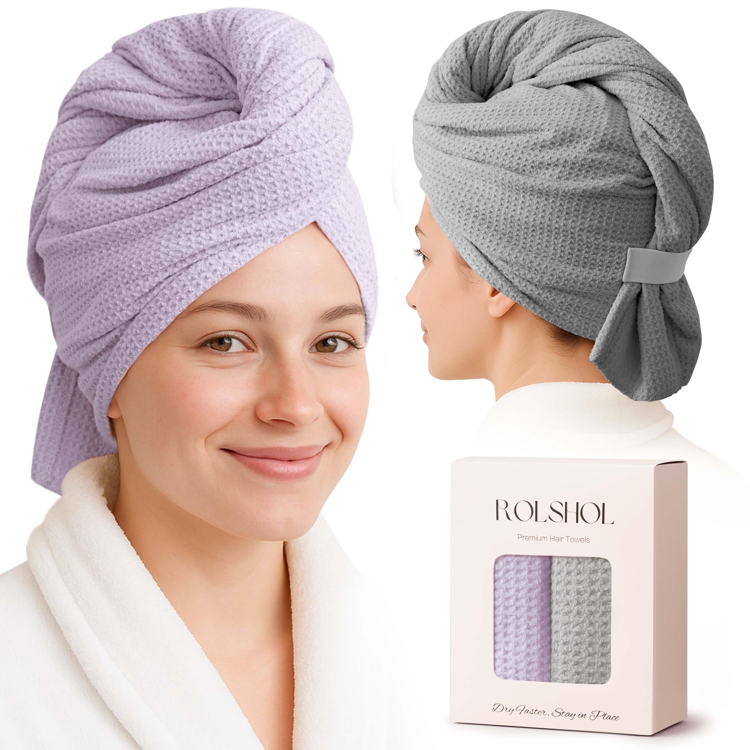 ROLSHOL lavender-grey hair towel wrap with soft waffle texture for gentle drying.
