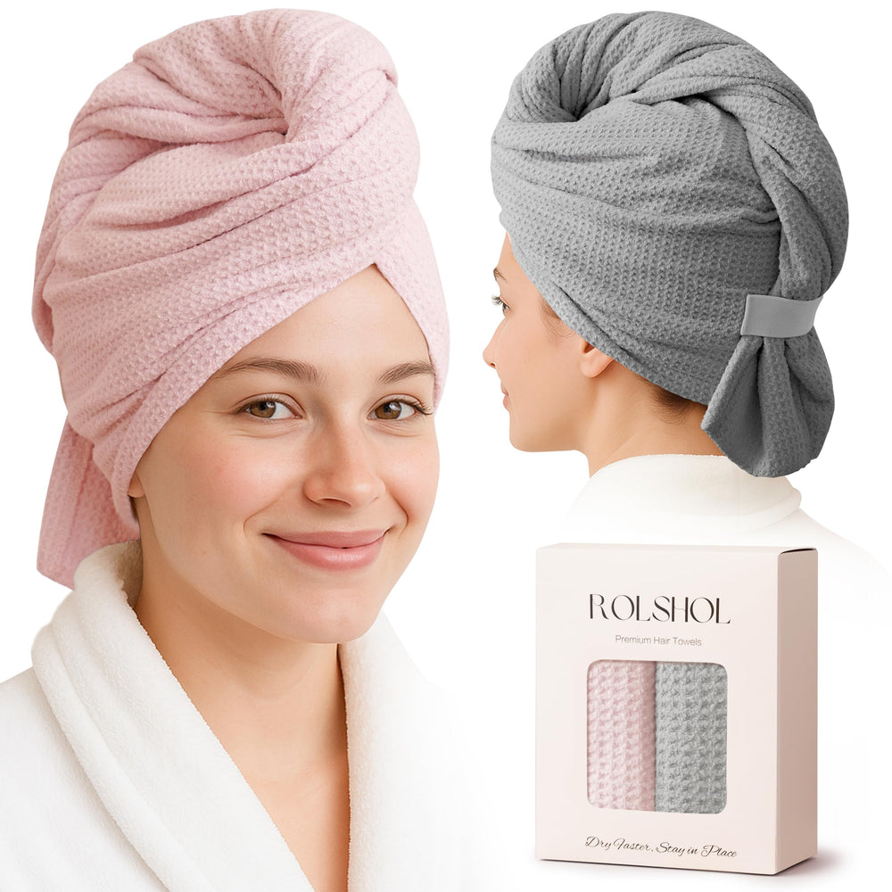 Rolshol two-pack microfiber hair towel wrap in pink and grey dries hair fast.