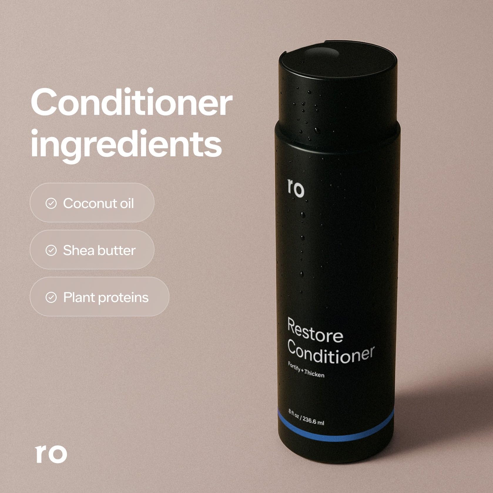 ROMAN Ro Restore Conditioner close-up features plant-based conditioning agents
