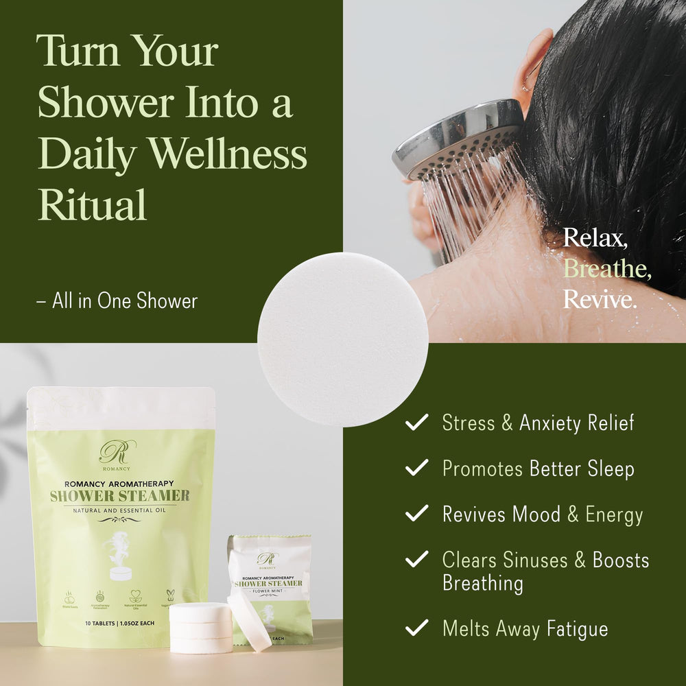 Romancy travel-size shower steamers, ideal for on-the-go aromatherapy.
