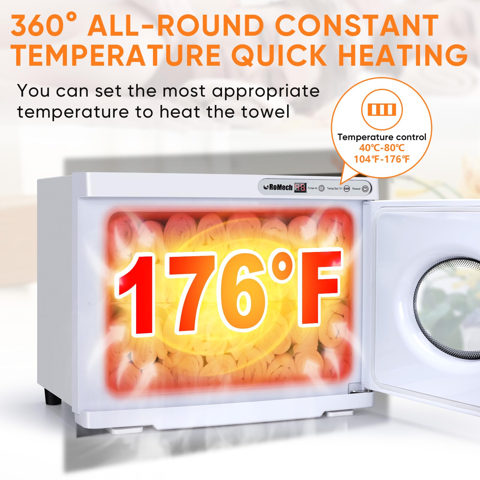 ROMECH 23L interior racks image highlights even heating and easy towel loading