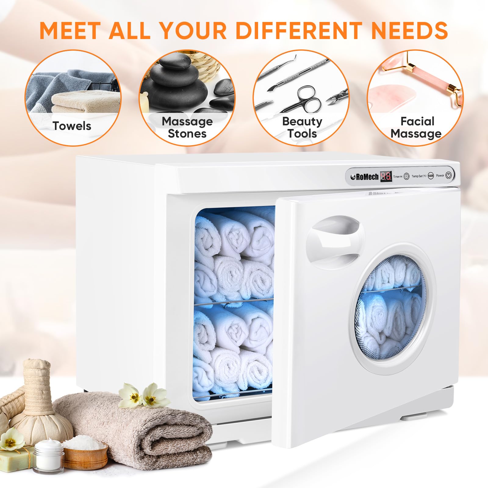 ROMECH 23L hot towel warmer multi use image shows towels and robes ready for warming