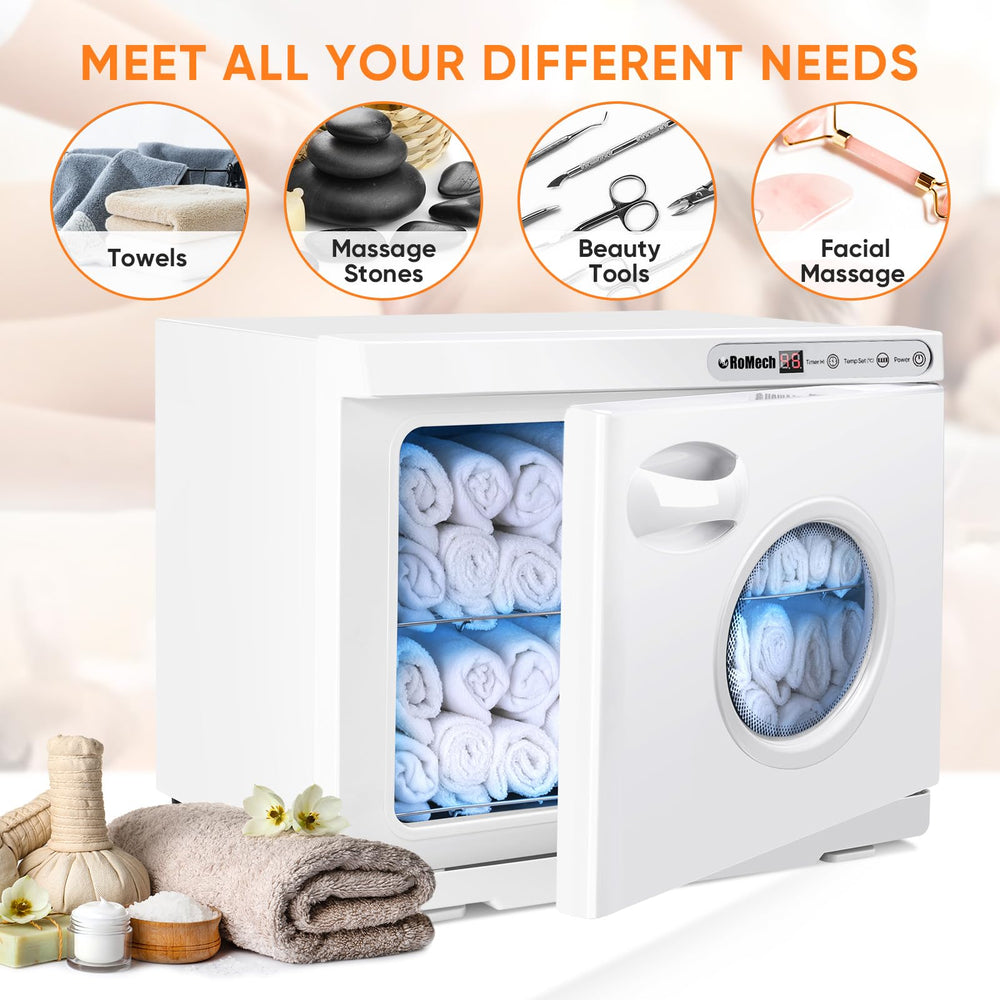 ROMECH 23L hot towel warmer multi use image shows towels and robes ready for warming