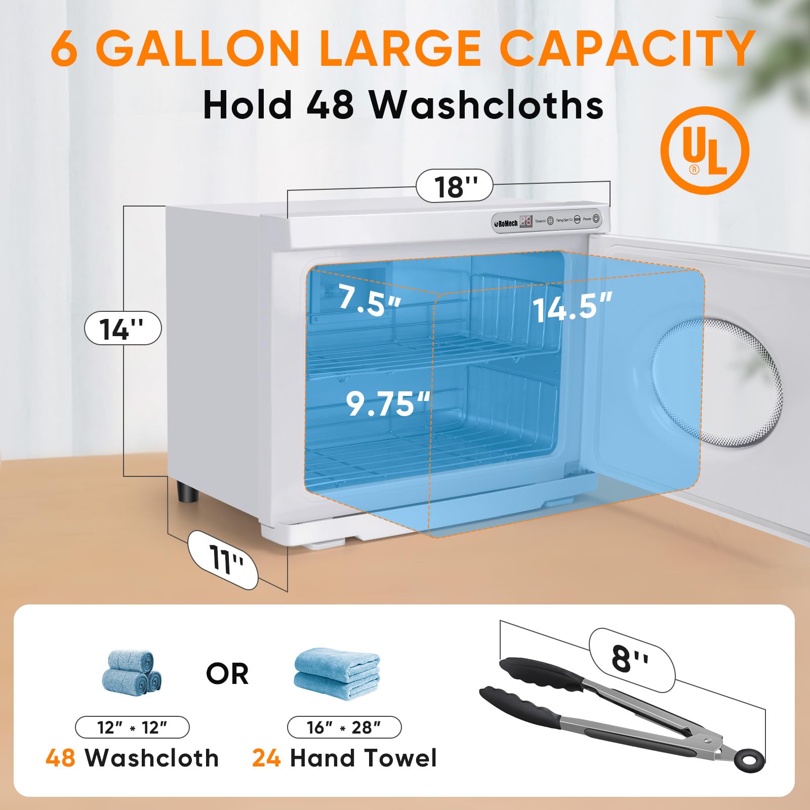 ROMECH hot towel warmer drip tray image emphasizes easy cleanup during busy spa days