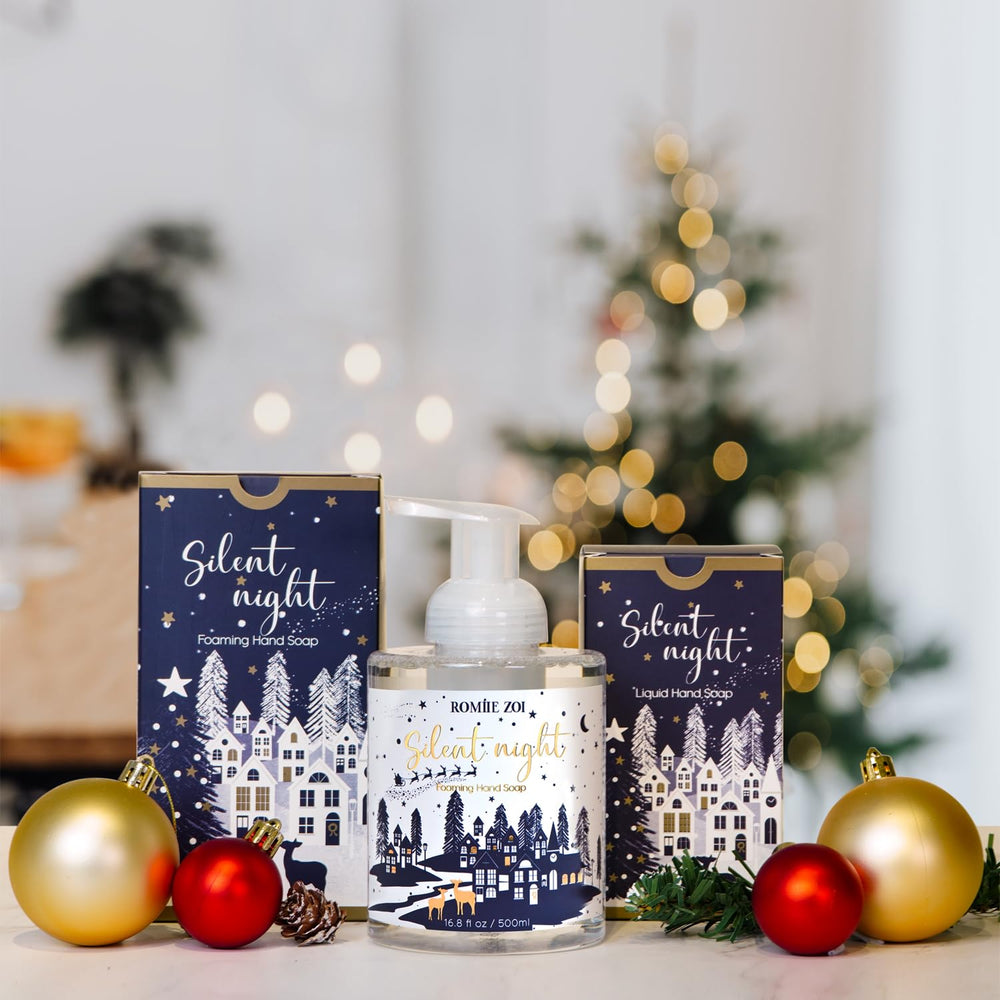 ROMIIE ZOI holiday bathroom scene with festive design beside sink