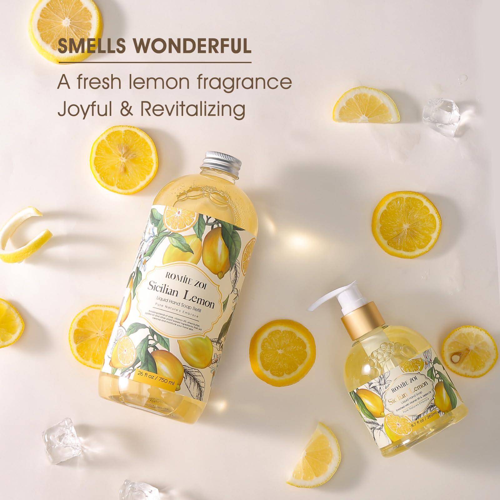 ROMIIE ZOI lemon scent refill set on countertop emphasizes hygiene